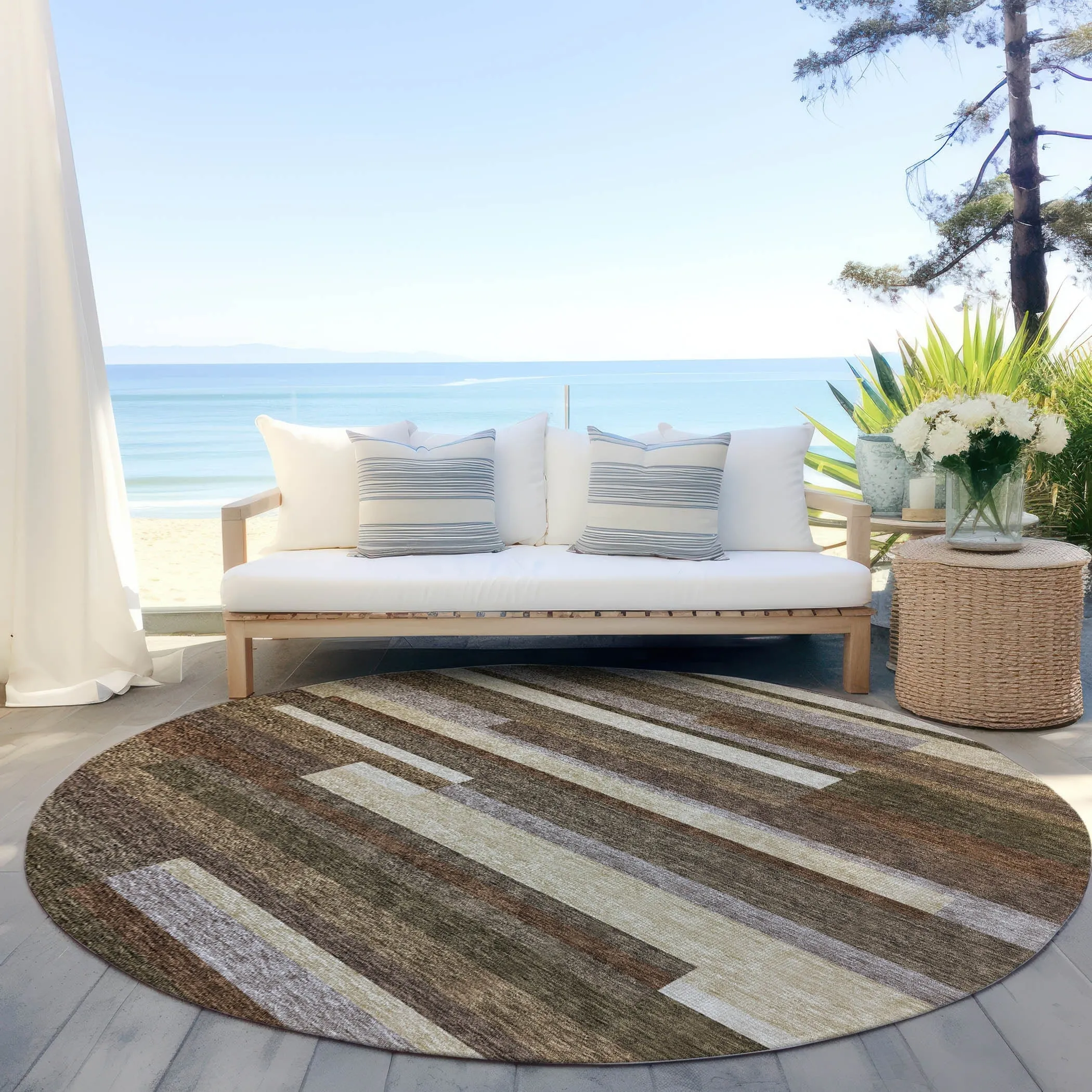 Machine Washable Indoor/ Outdoor Chantille Contempory Stripe Rug