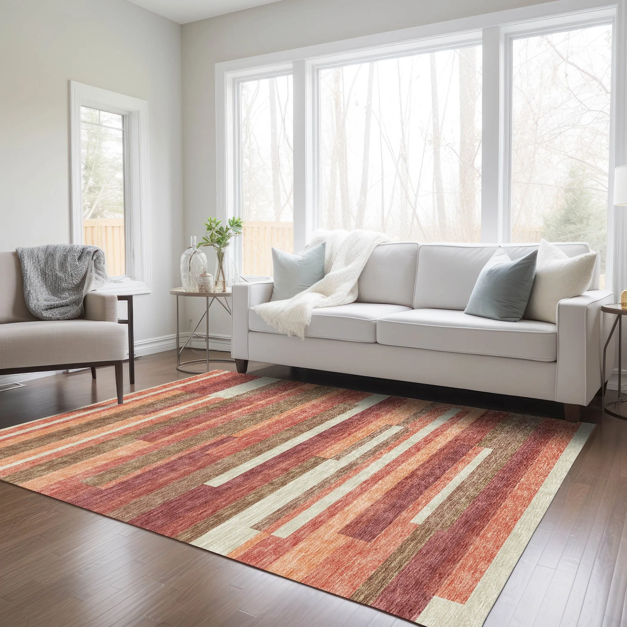 Machine Washable Indoor/ Outdoor Chantille Contempory Stripe Rug