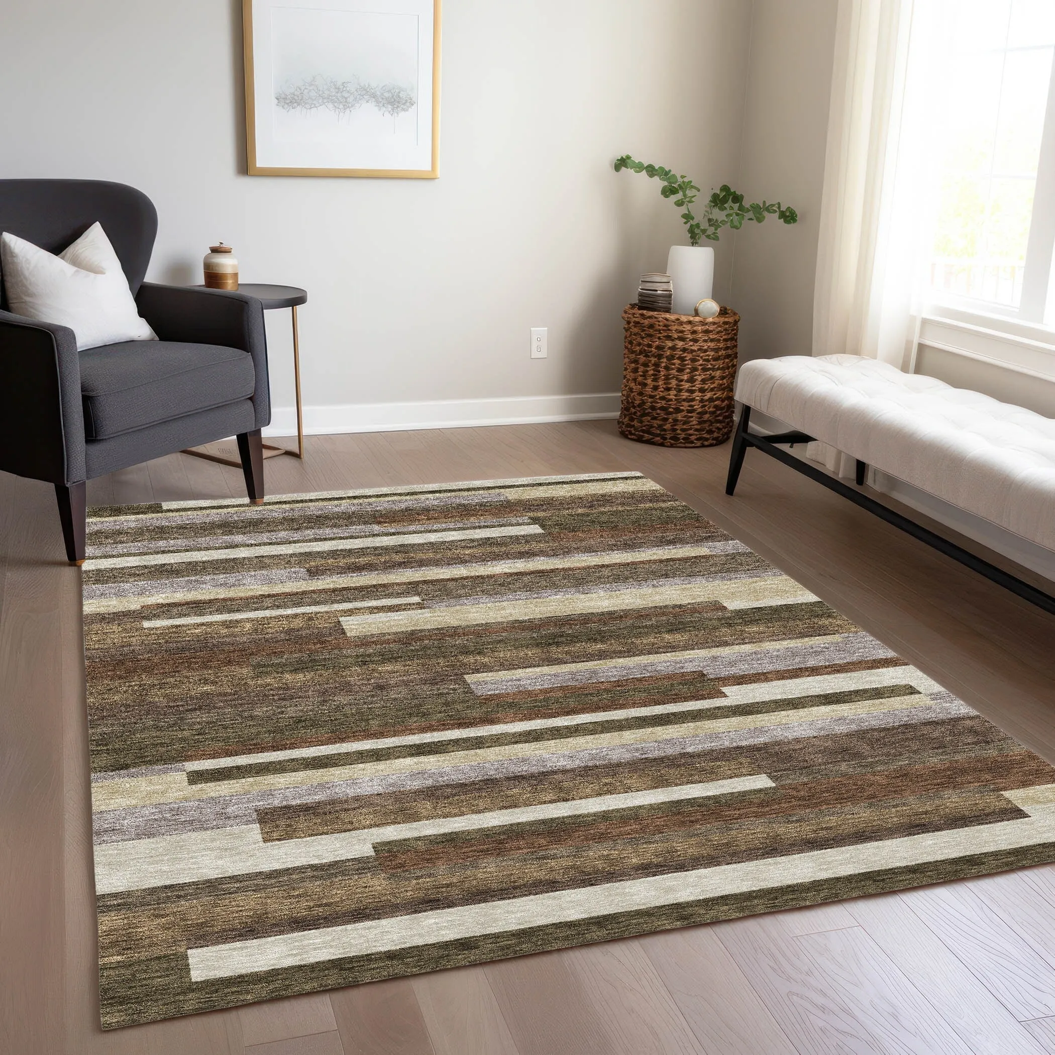 Machine Washable Indoor/ Outdoor Chantille Contempory Stripe Rug
