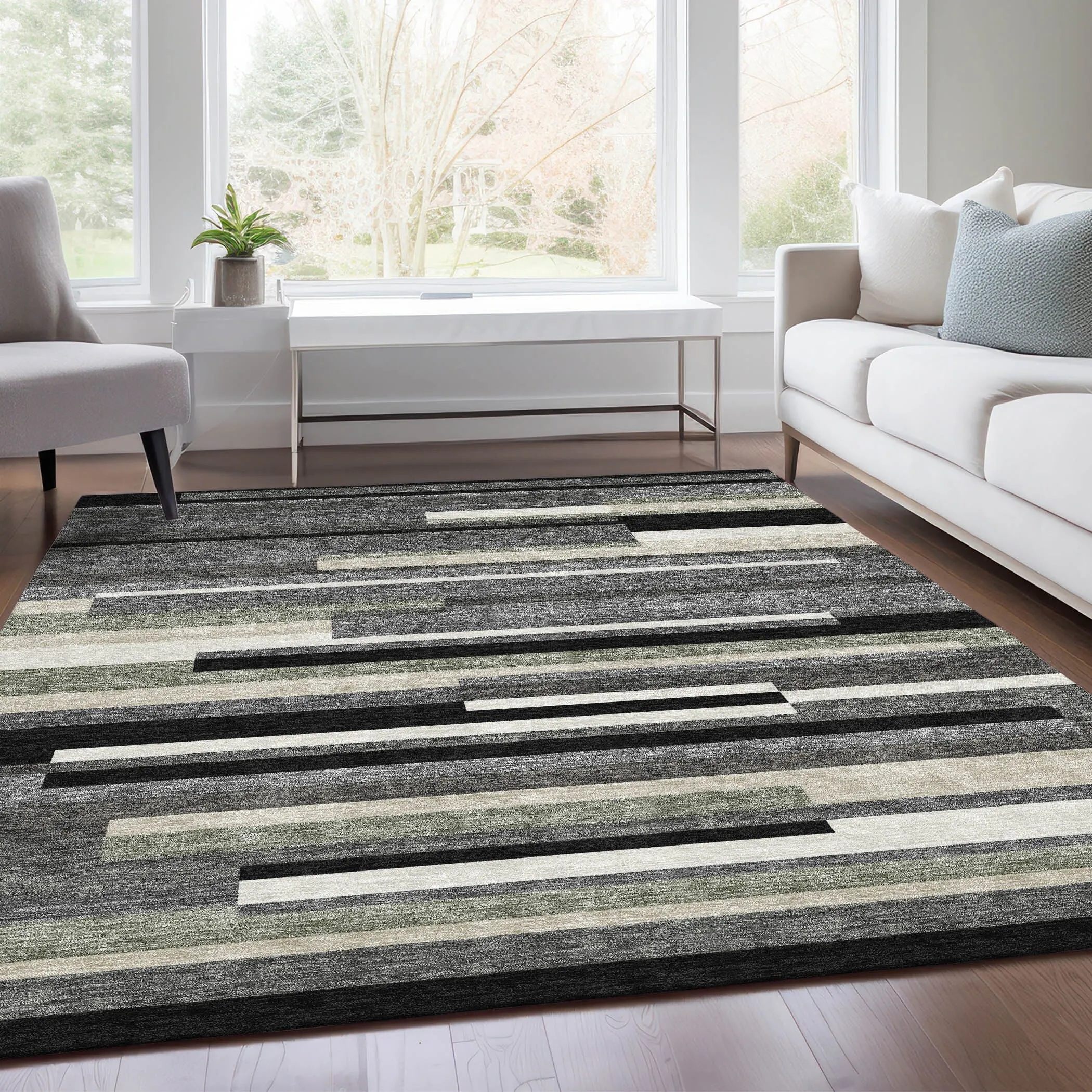 Machine Washable Indoor/ Outdoor Chantille Contempory Stripe Rug