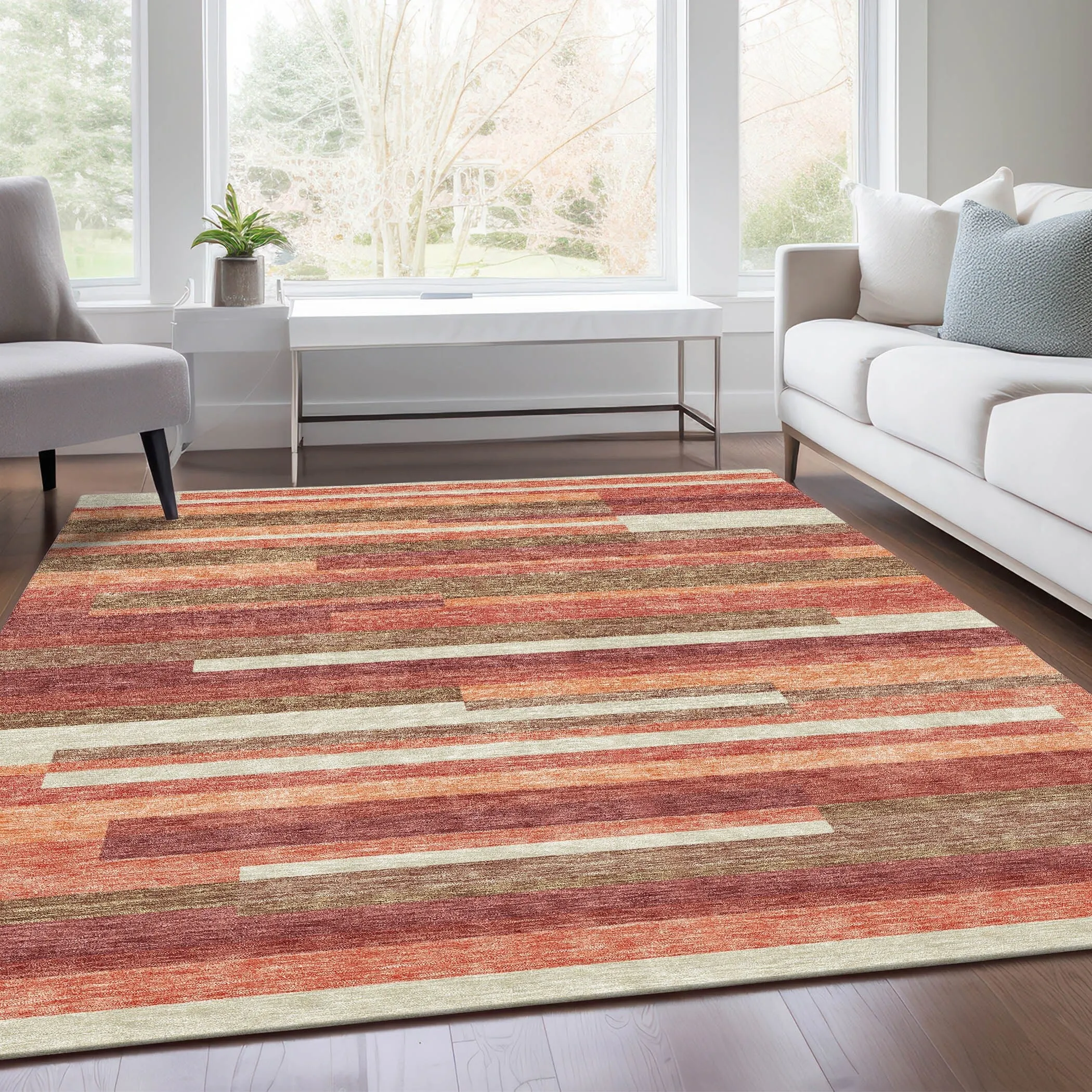 Machine Washable Indoor/ Outdoor Chantille Contempory Stripe Rug