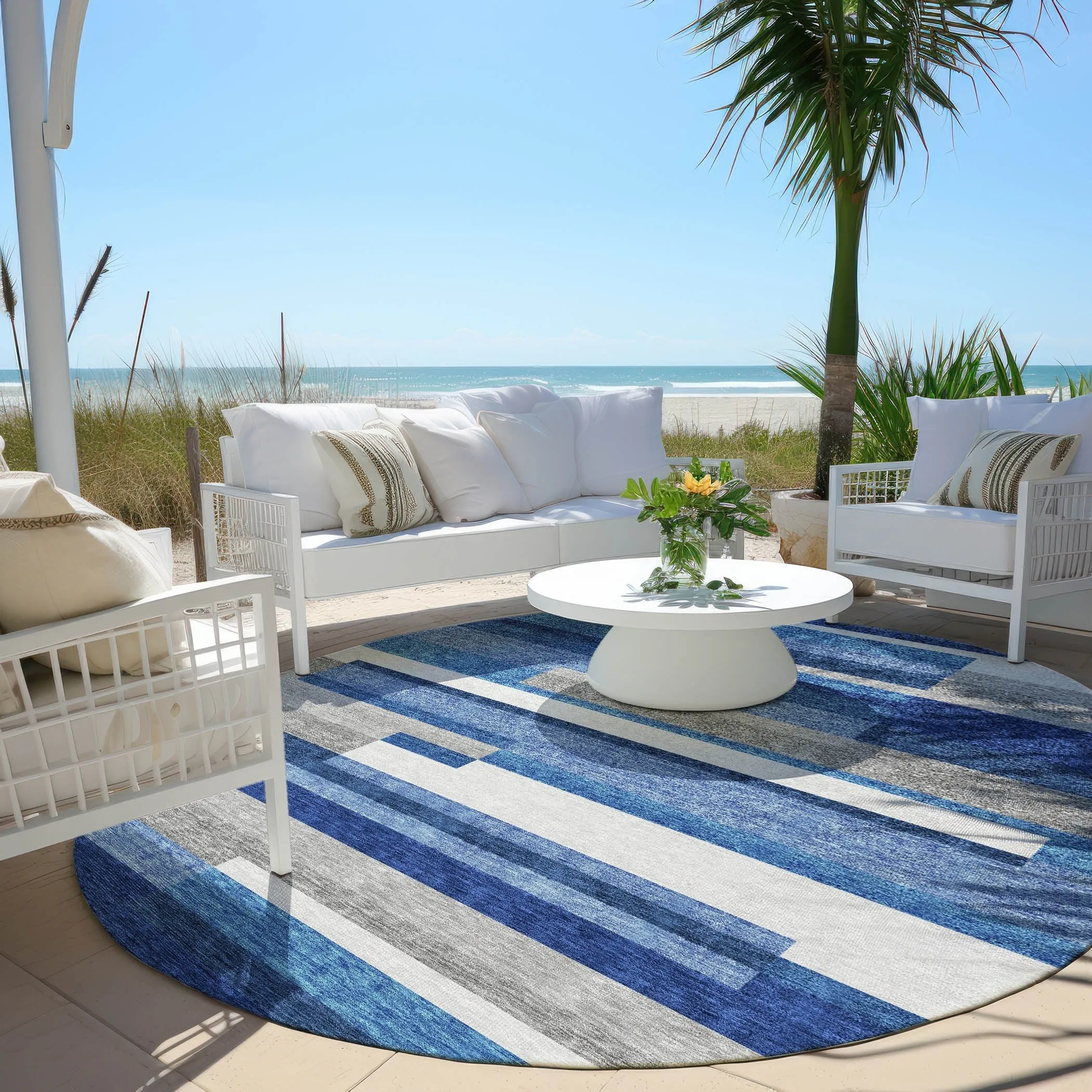 Machine Washable Indoor/ Outdoor Chantille Contempory Stripe Rug