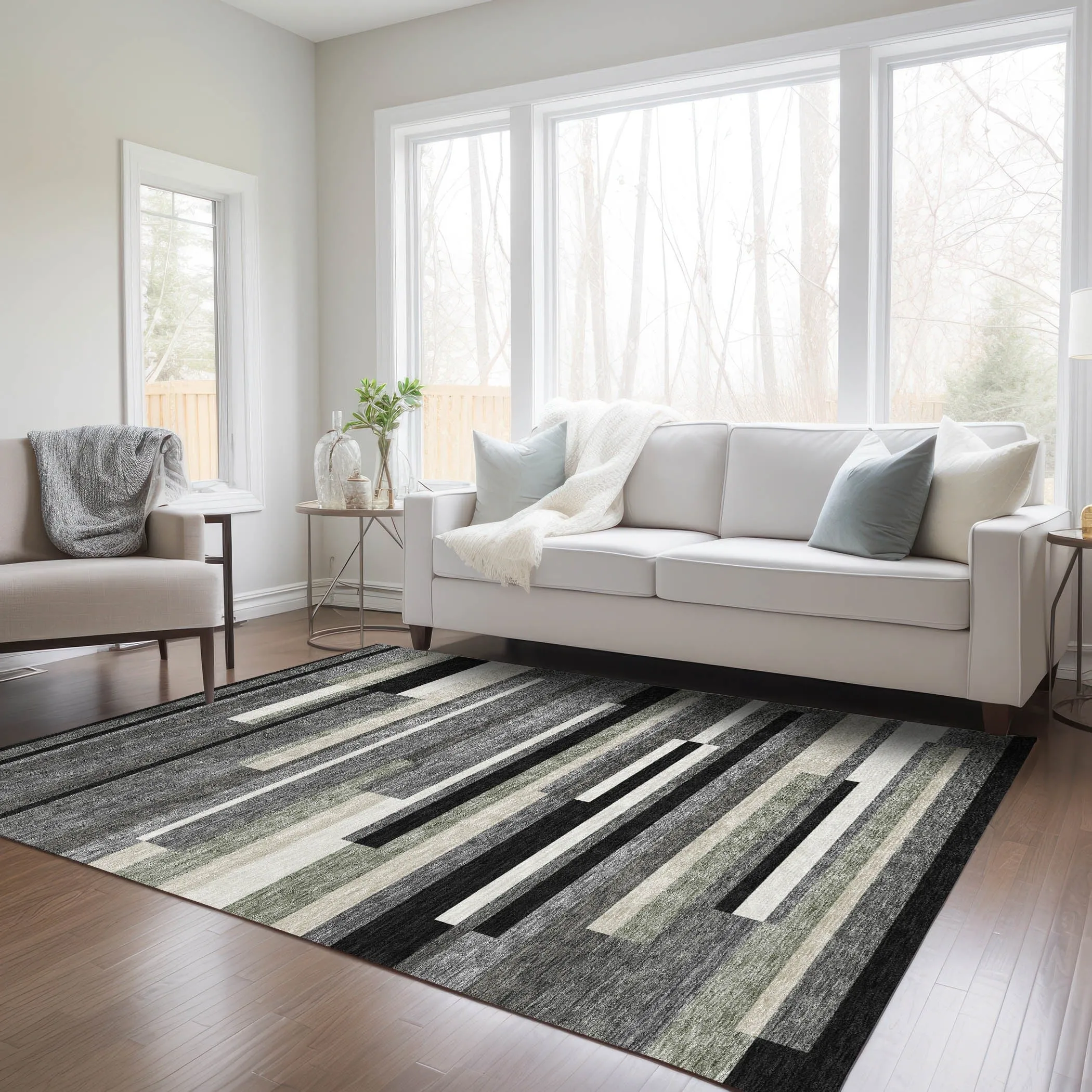 Machine Washable Indoor/ Outdoor Chantille Contempory Stripe Rug