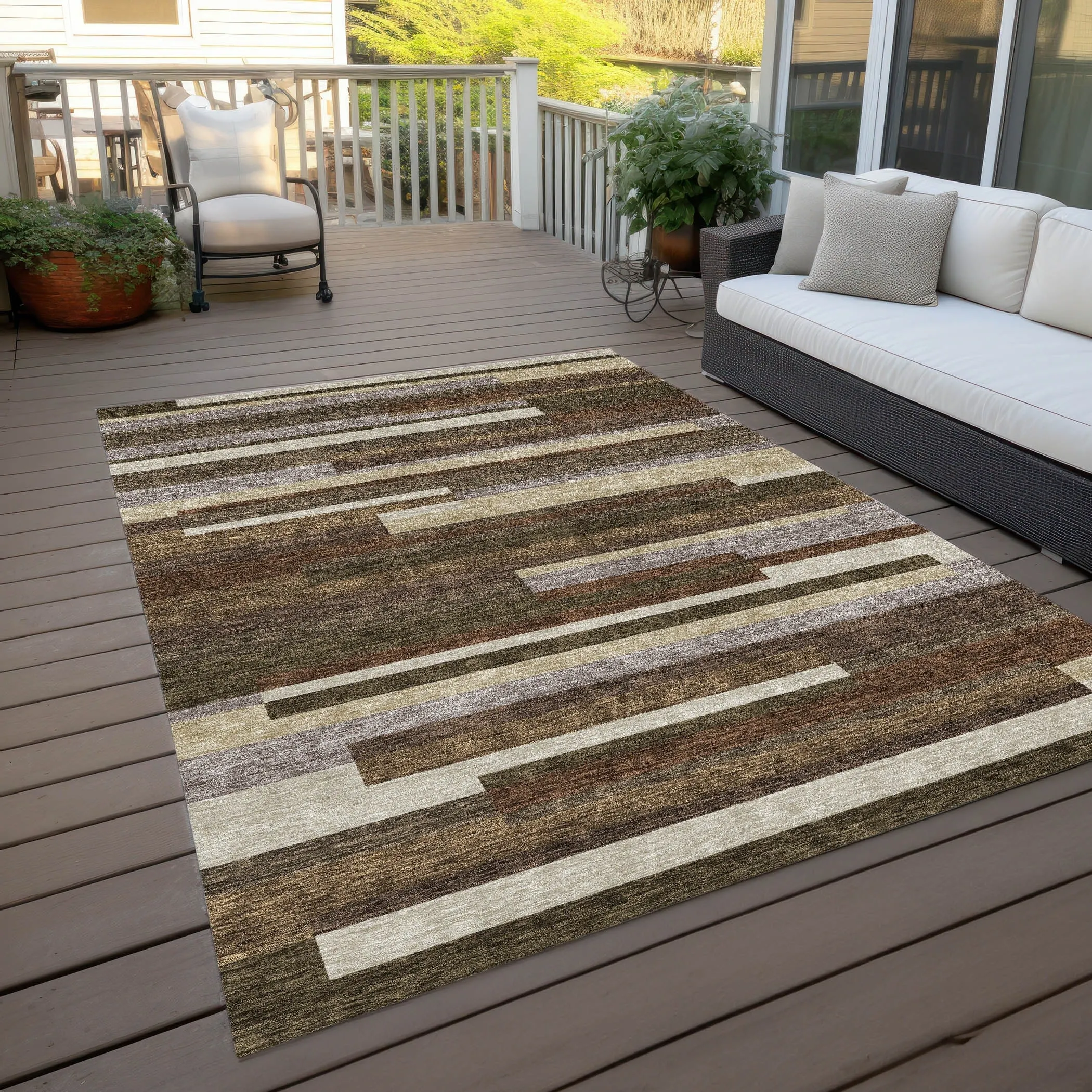 Machine Washable Indoor/ Outdoor Chantille Contempory Stripe Rug