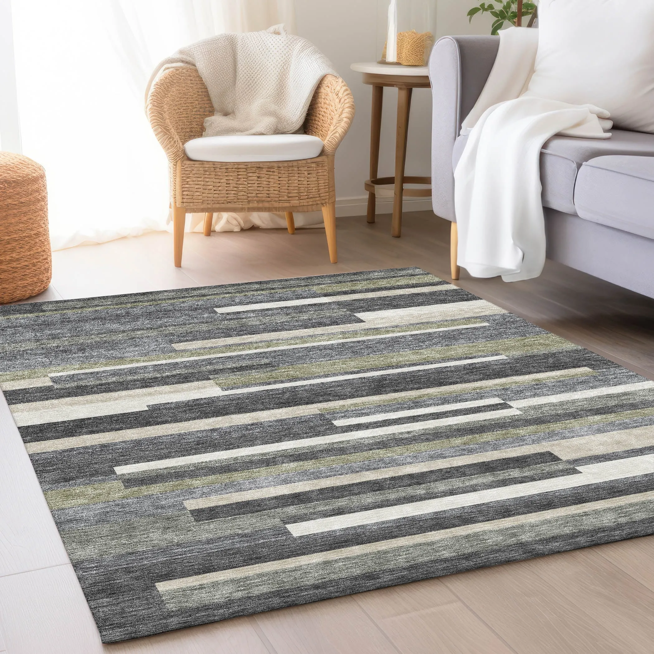 Machine Washable Indoor/ Outdoor Chantille Contempory Stripe Rug