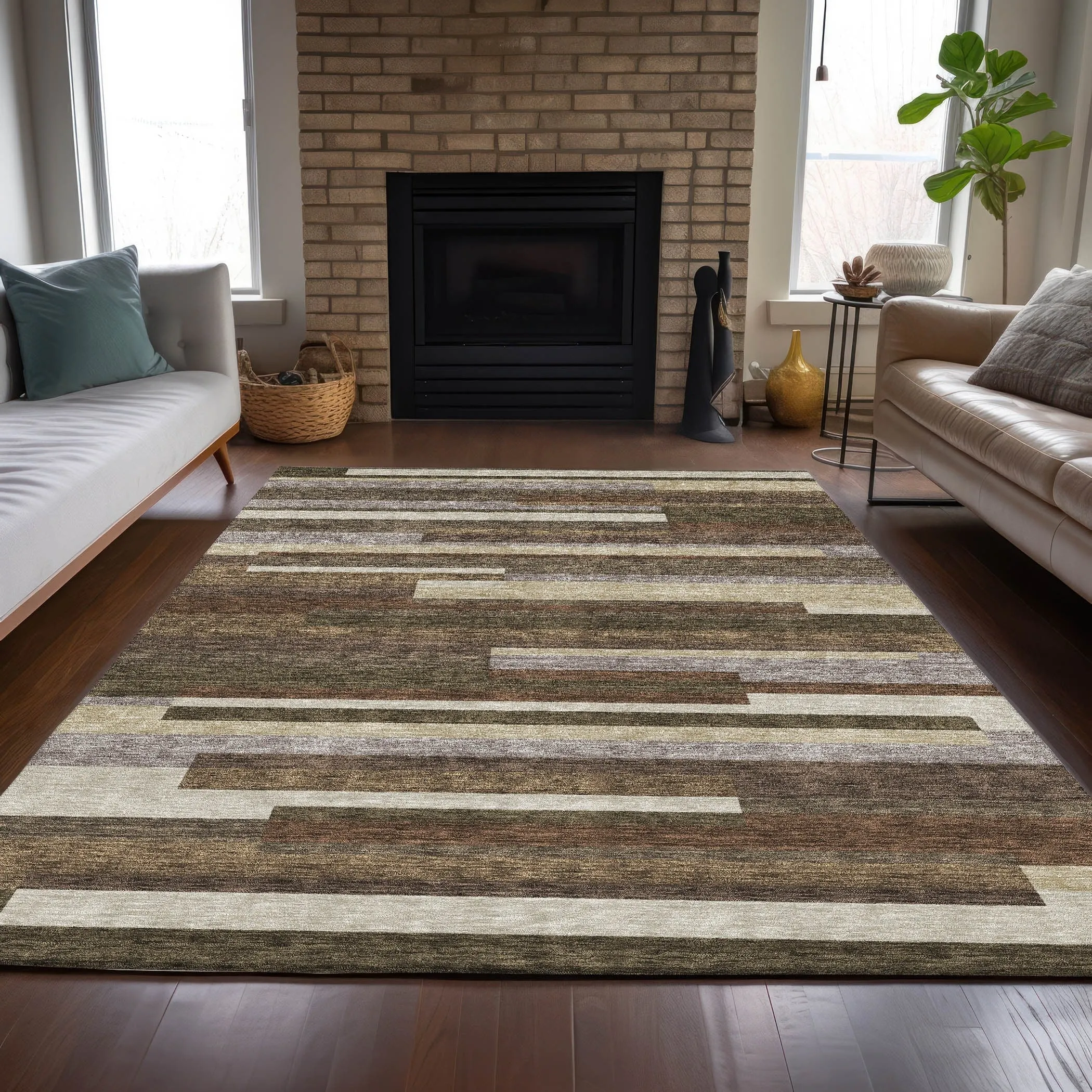 Machine Washable Indoor/ Outdoor Chantille Contempory Stripe Rug