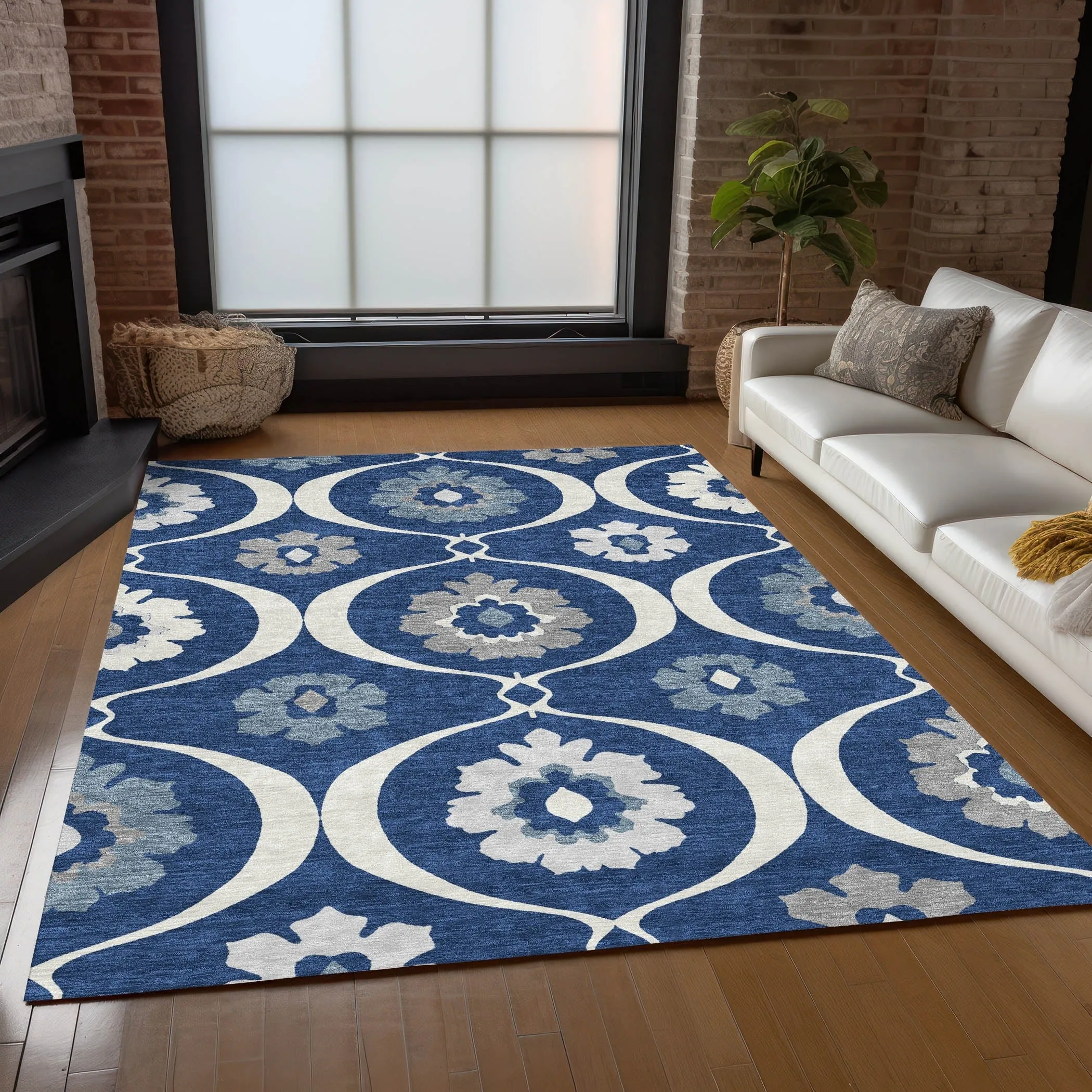 Machine Washable Indoor/ Outdoor Chantille Floral Geo Rug