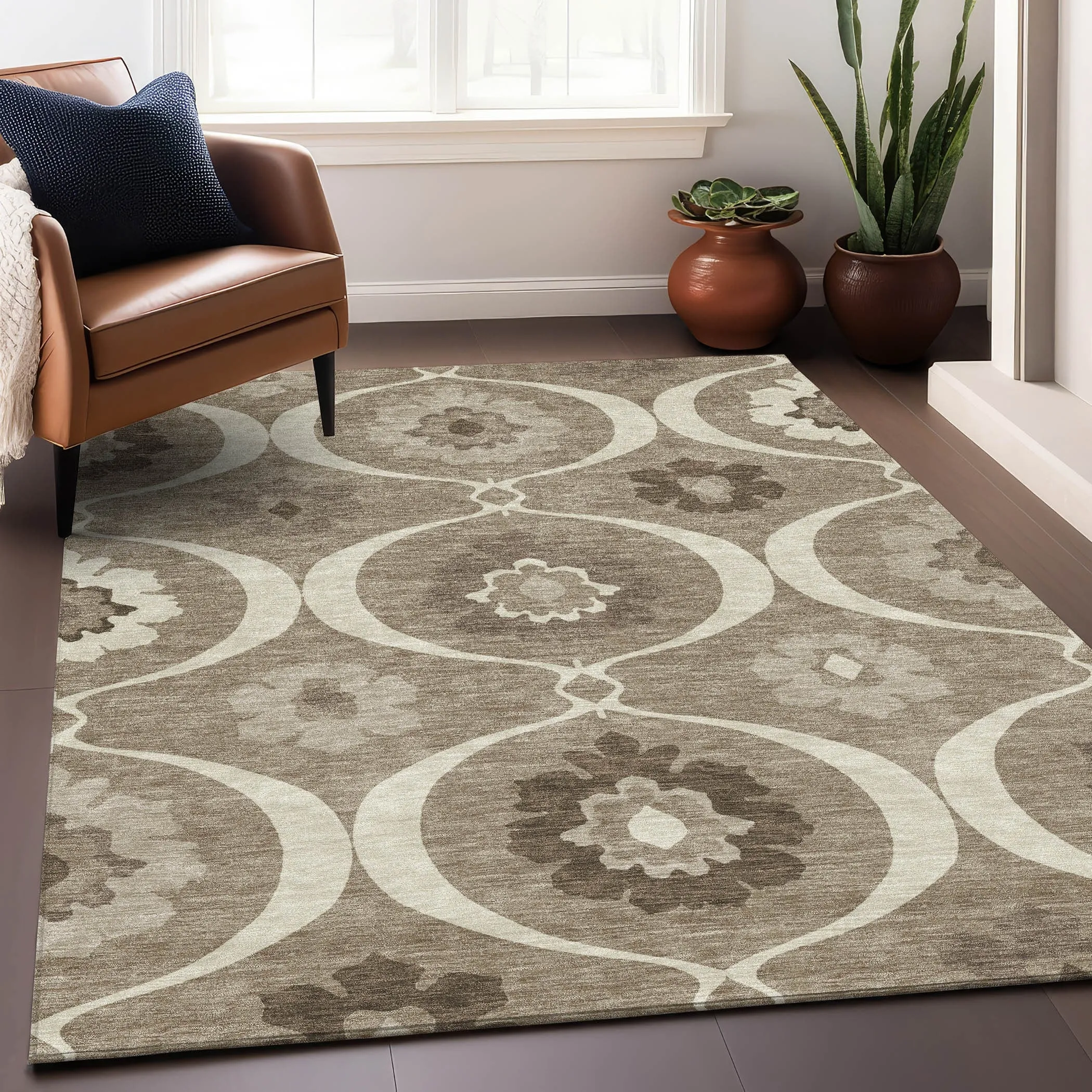 Machine Washable Indoor/ Outdoor Chantille Floral Geo Rug