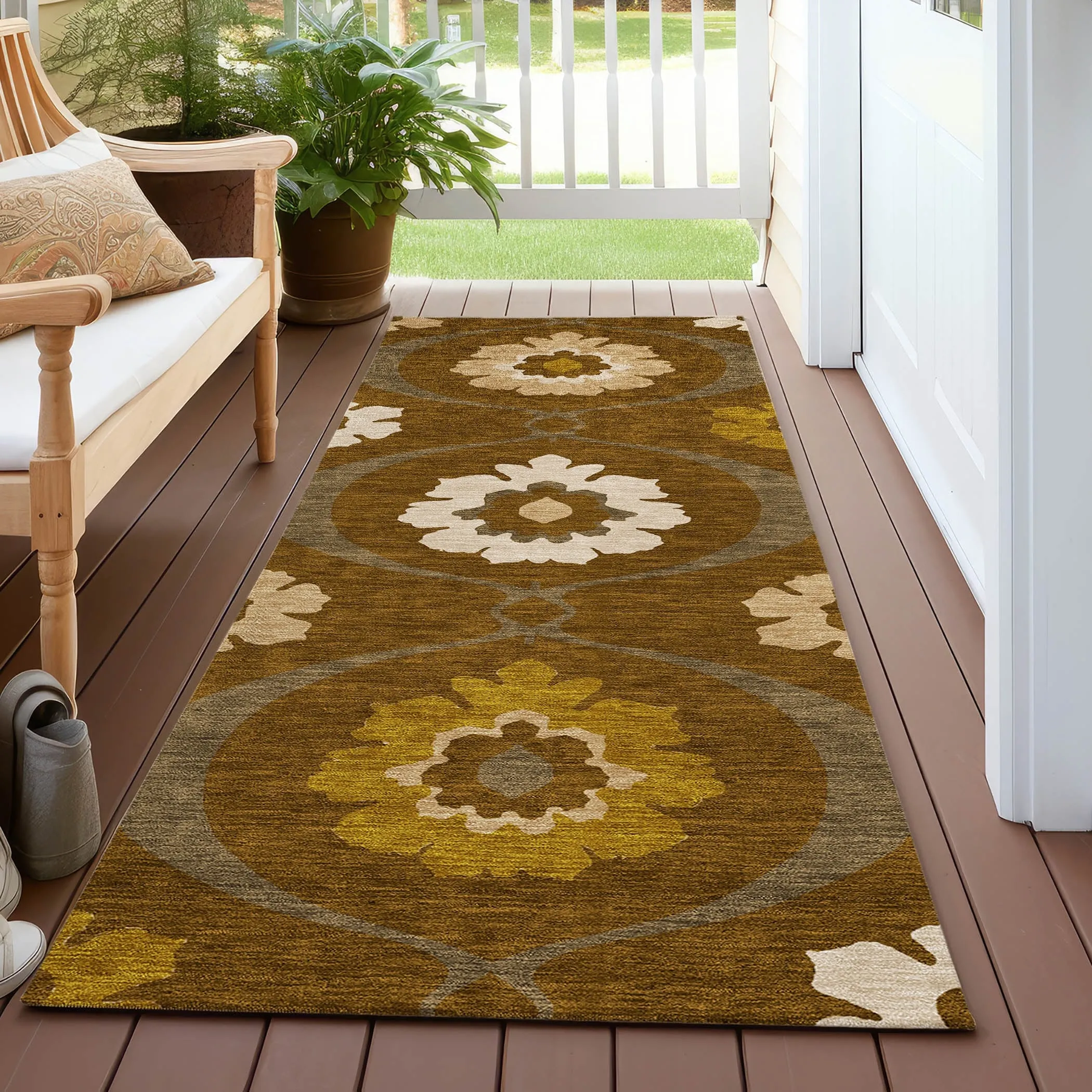 Machine Washable Indoor/ Outdoor Chantille Floral Geo Rug