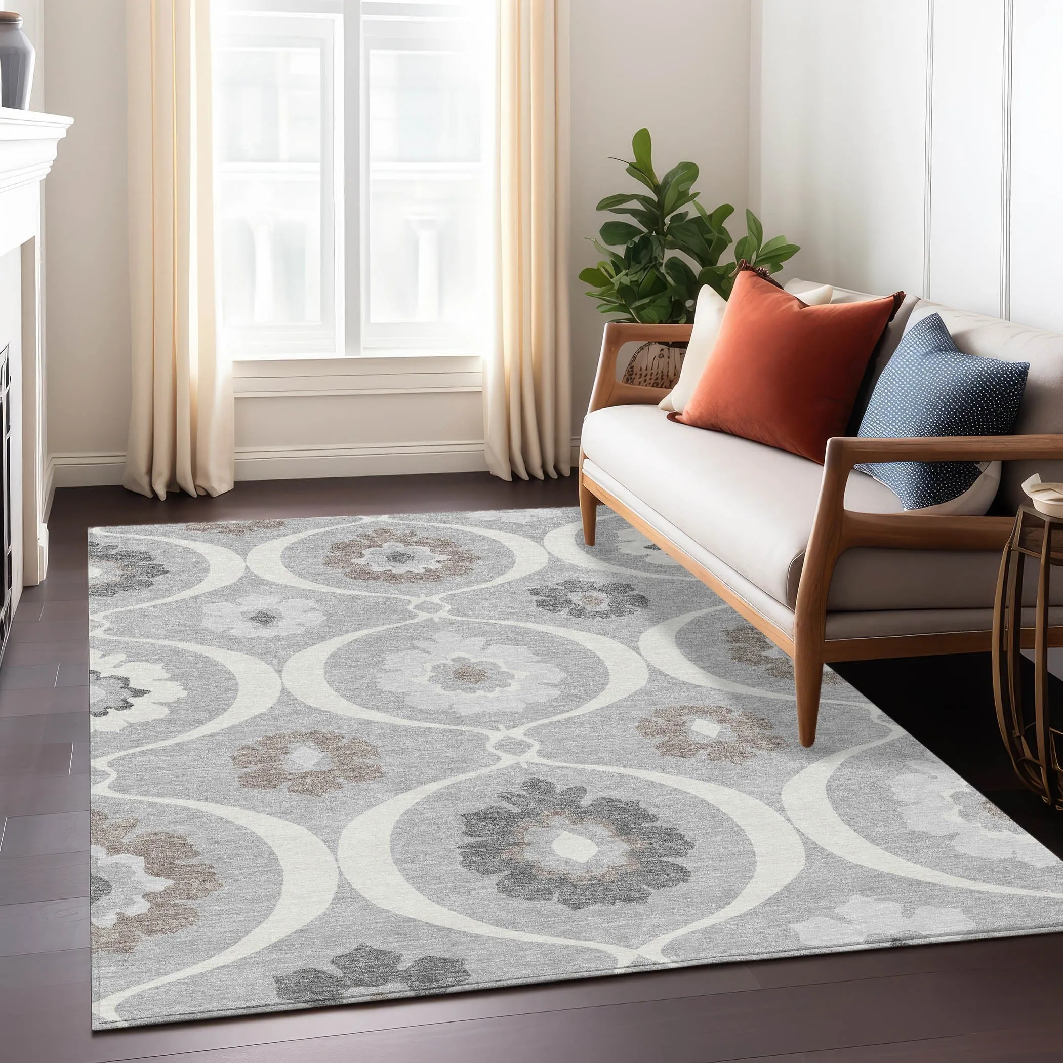 Machine Washable Indoor/ Outdoor Chantille Floral Geo Rug