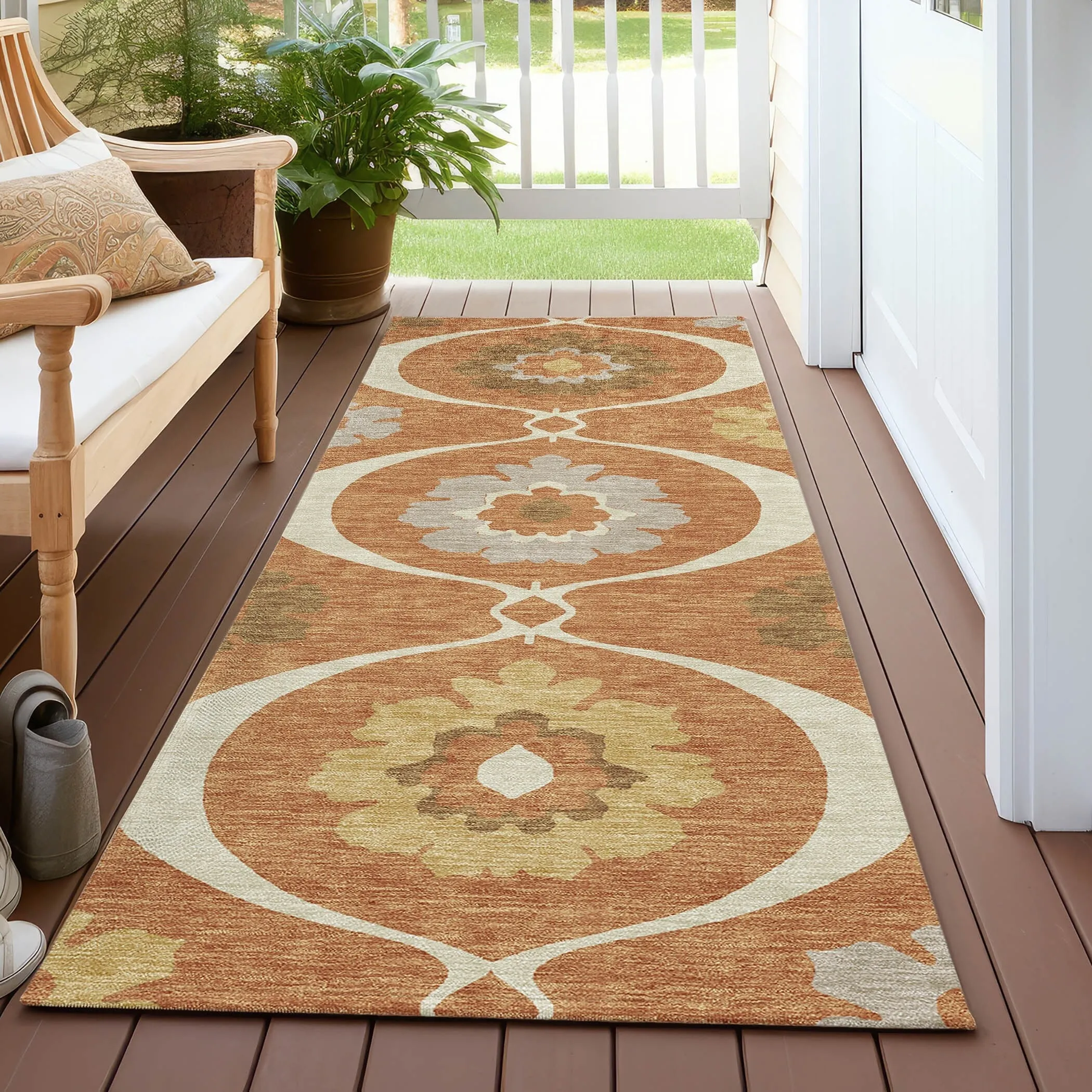Machine Washable Indoor/ Outdoor Chantille Floral Geo Rug