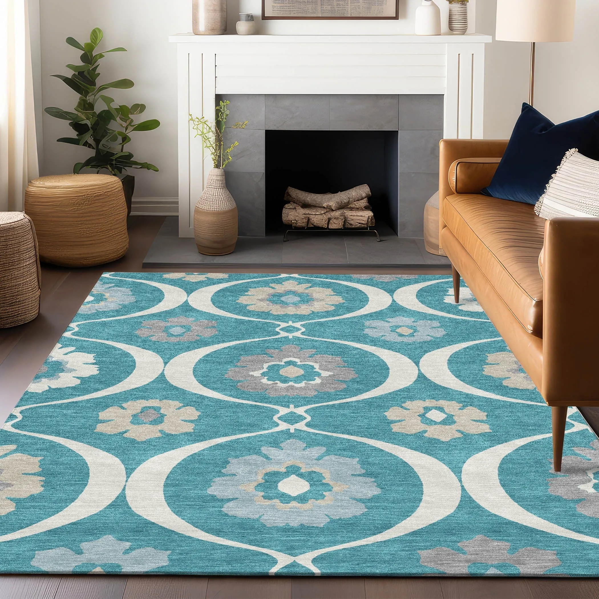 Machine Washable Indoor/ Outdoor Chantille Floral Geo Rug