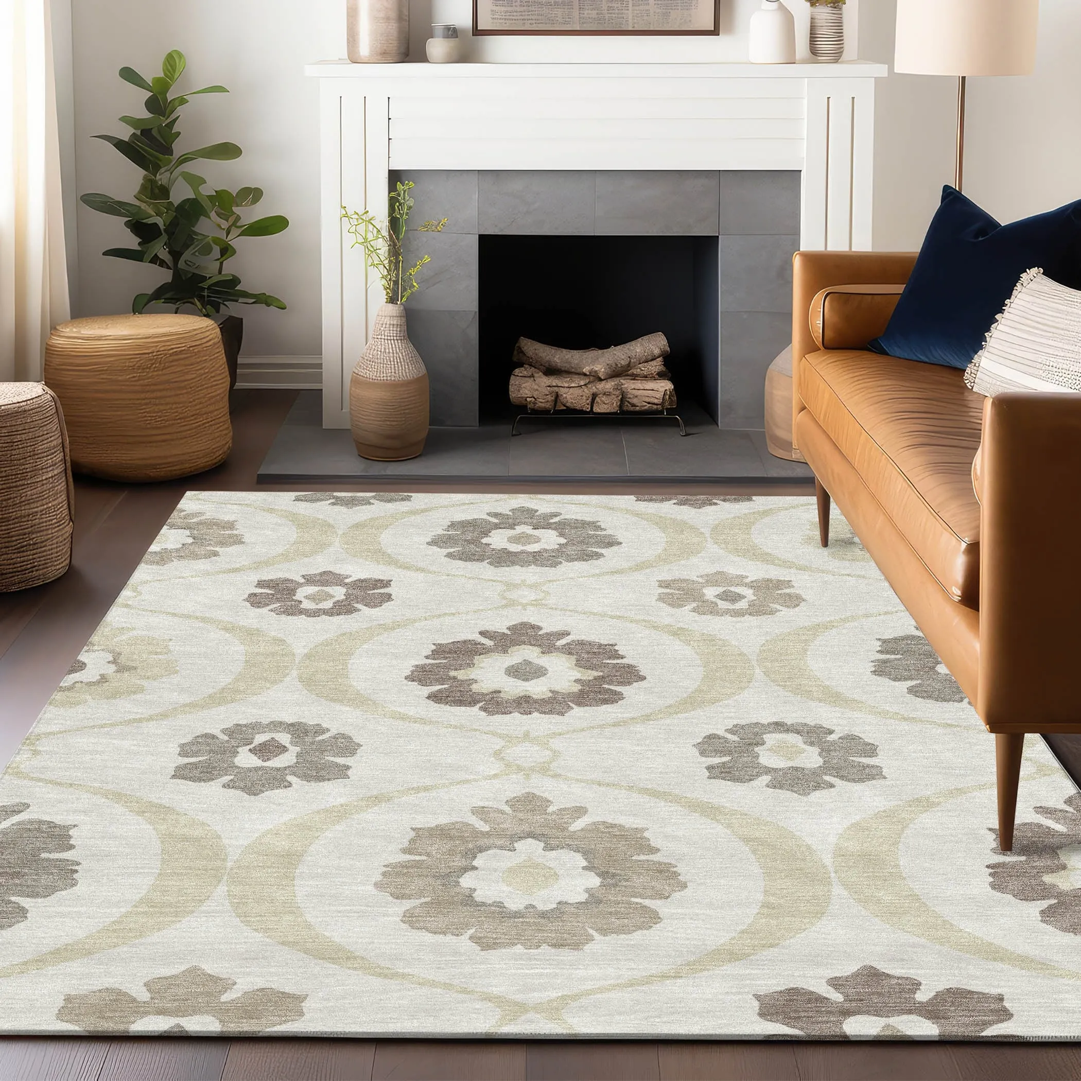 Machine Washable Indoor/ Outdoor Chantille Floral Geo Rug
