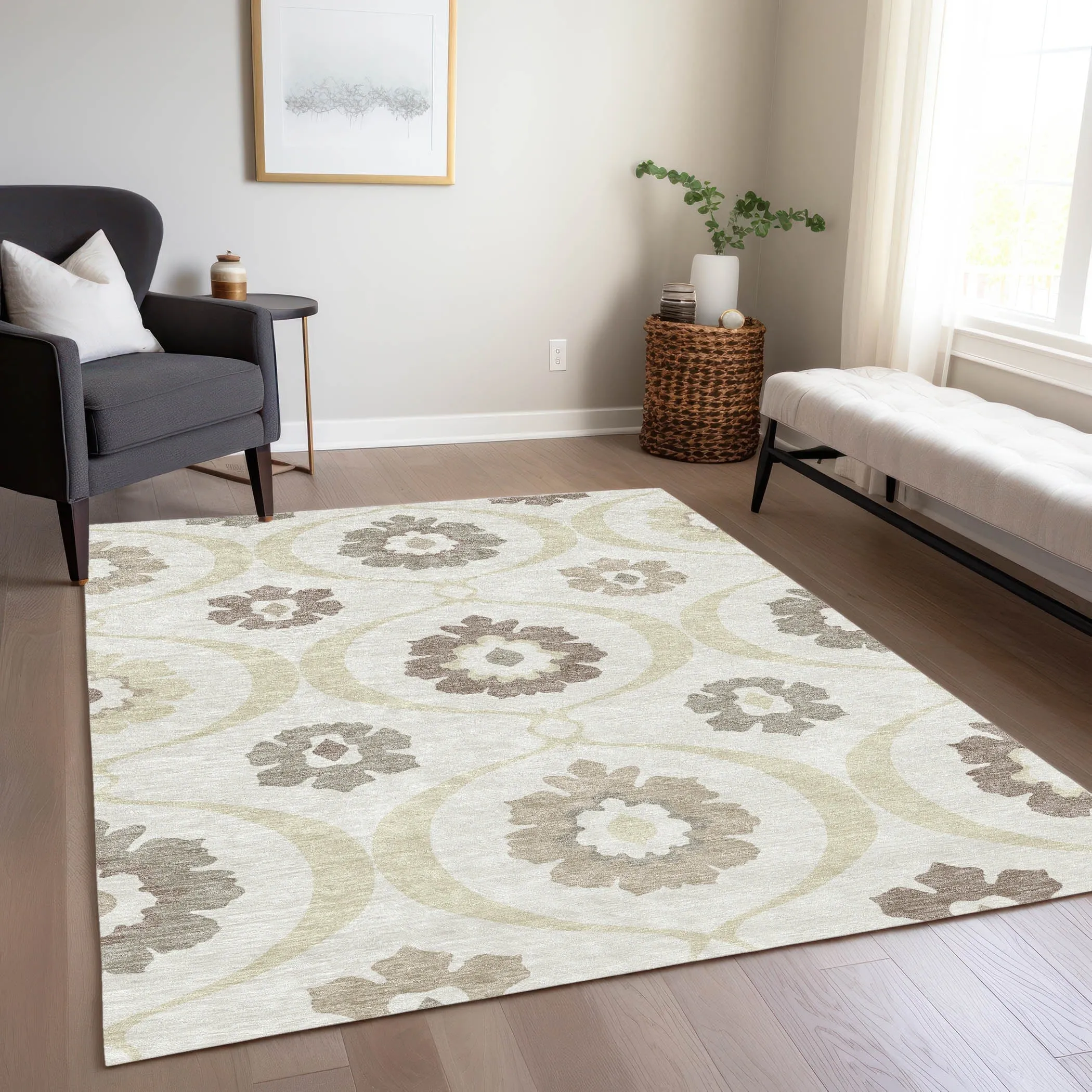 Machine Washable Indoor/ Outdoor Chantille Floral Geo Rug