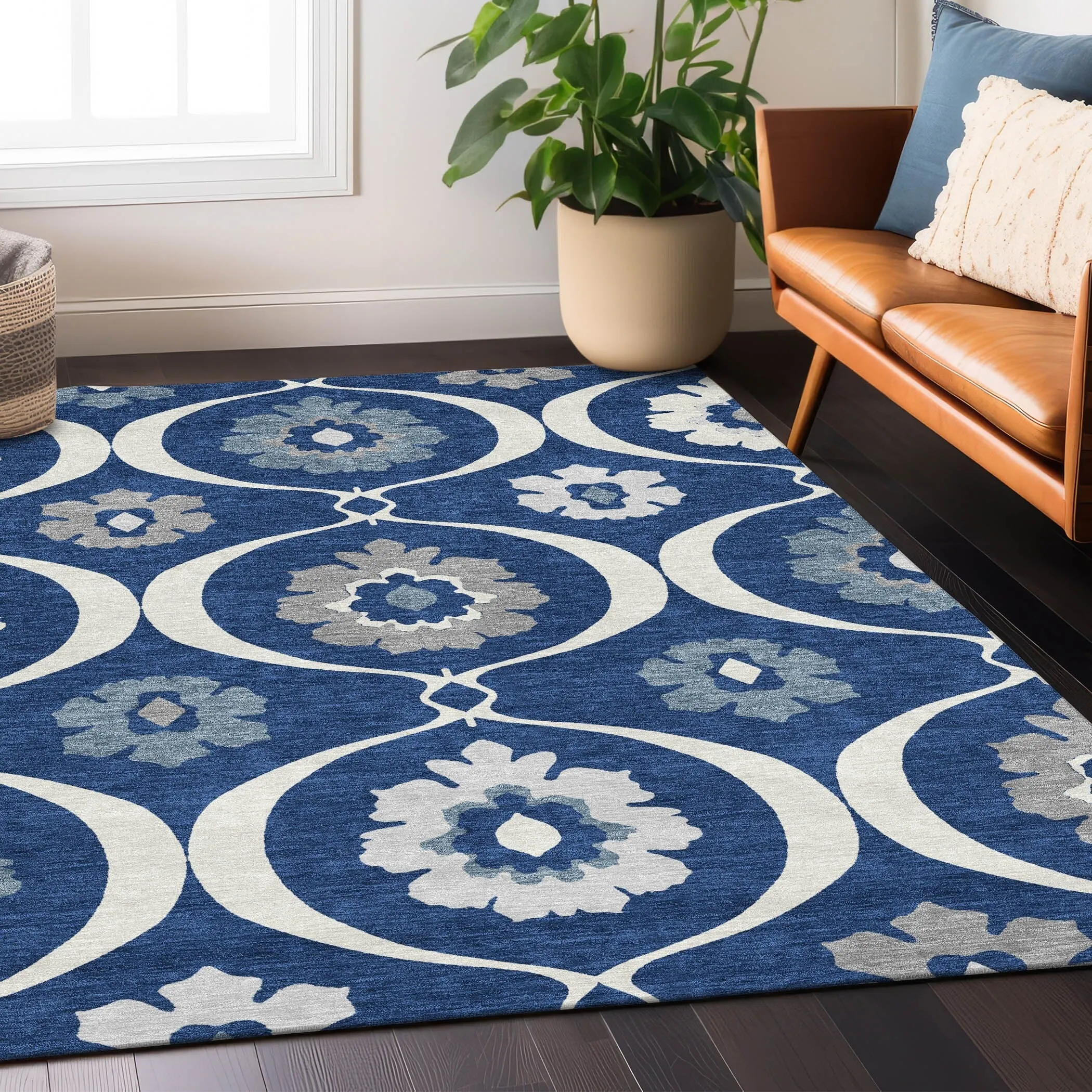 Machine Washable Indoor/ Outdoor Chantille Floral Geo Rug