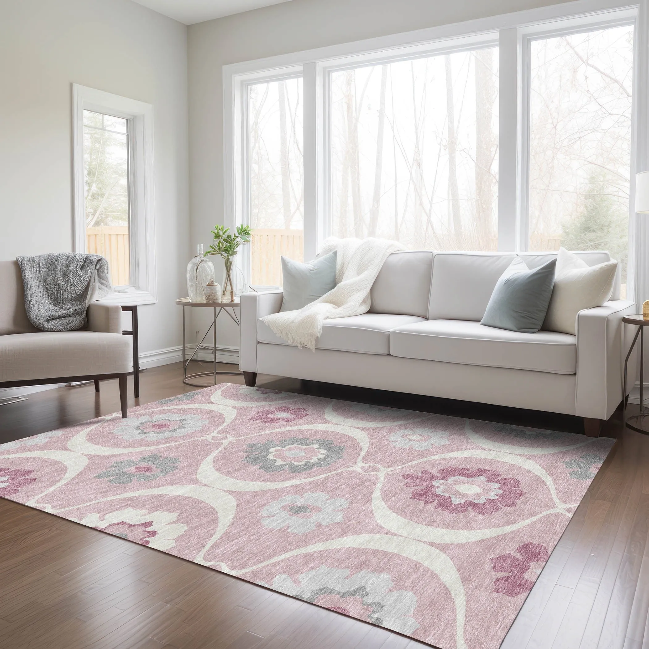 Machine Washable Indoor/ Outdoor Chantille Floral Geo Rug