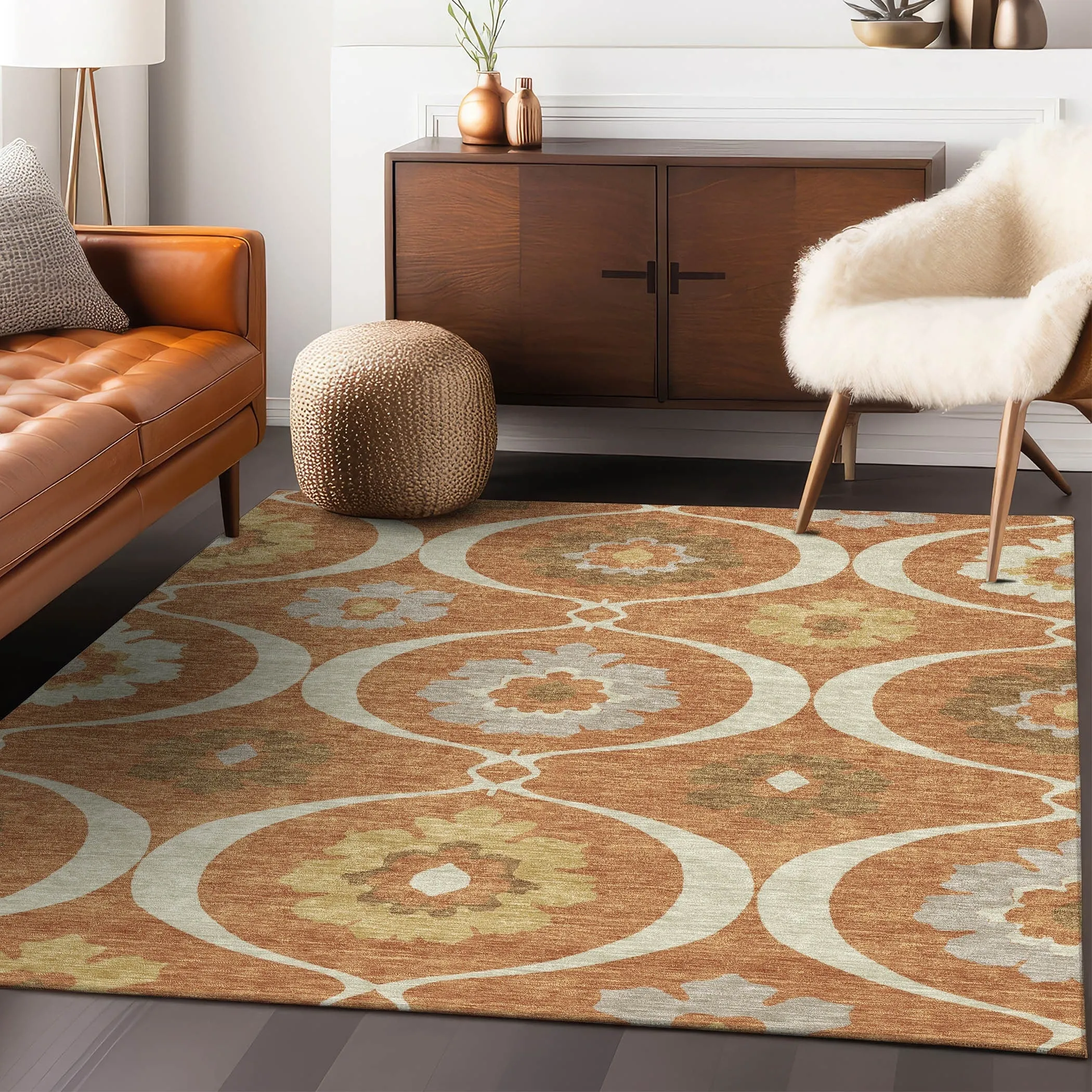 Machine Washable Indoor/ Outdoor Chantille Floral Geo Rug