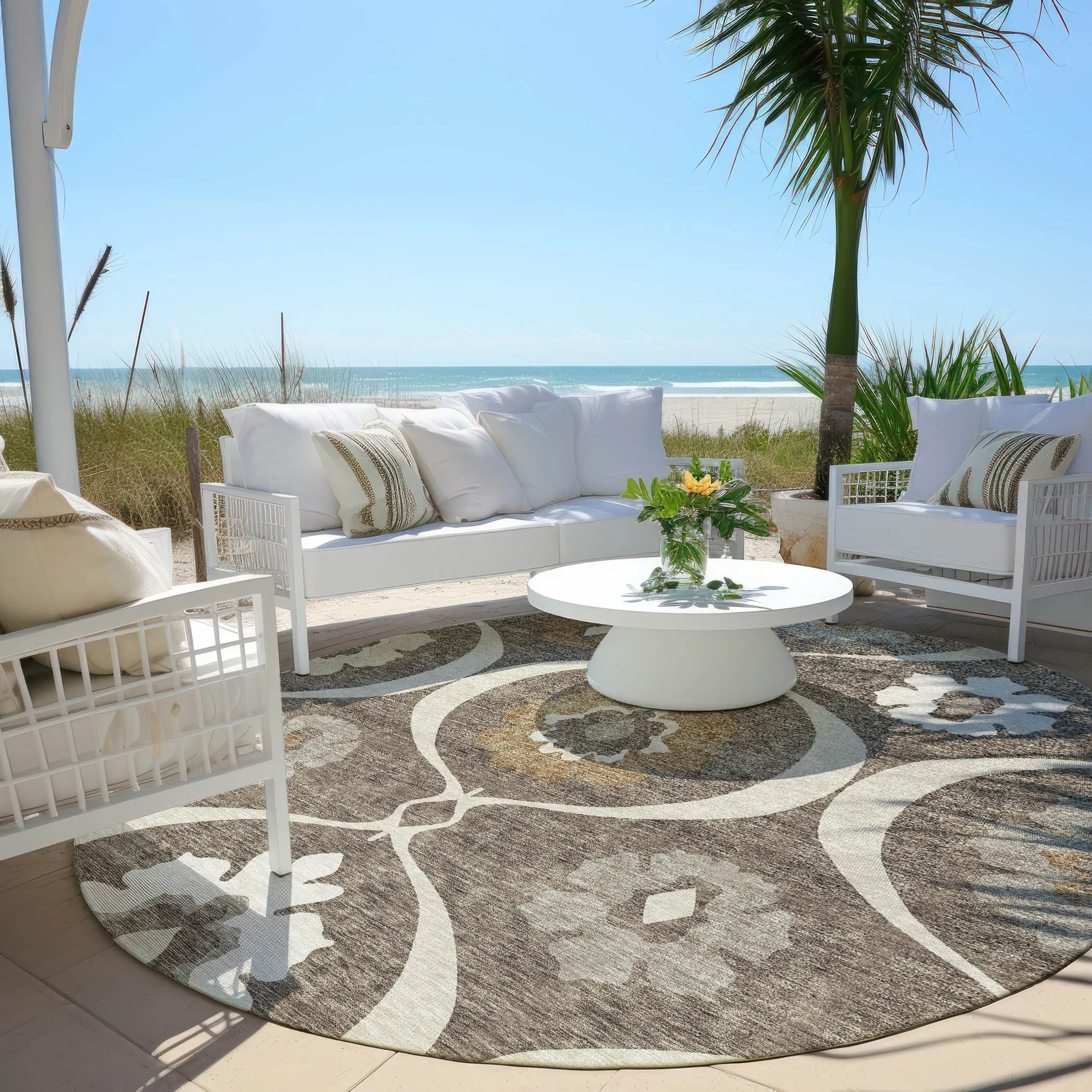 Machine Washable Indoor/ Outdoor Chantille Floral Geo Rug
