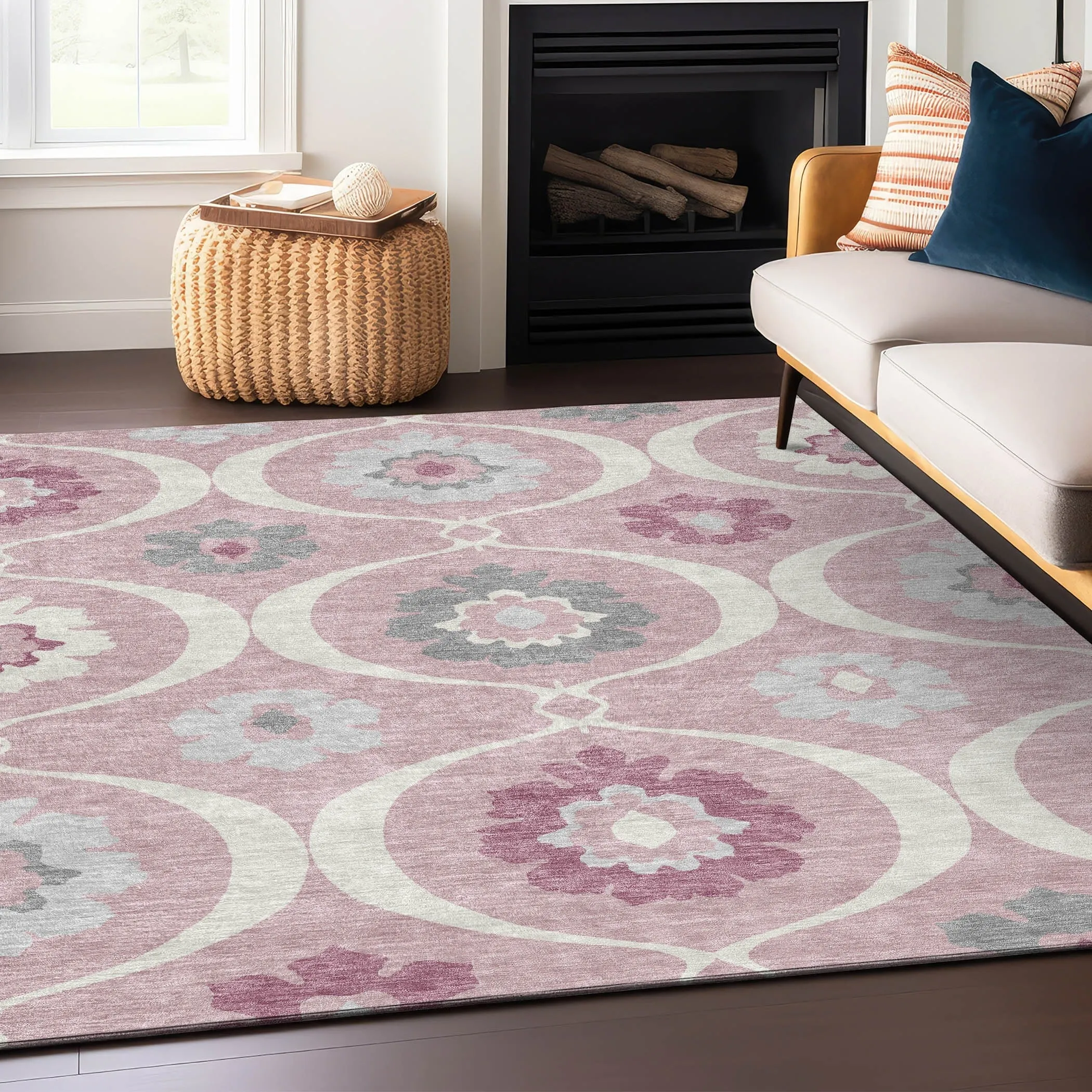 Machine Washable Indoor/ Outdoor Chantille Floral Geo Rug