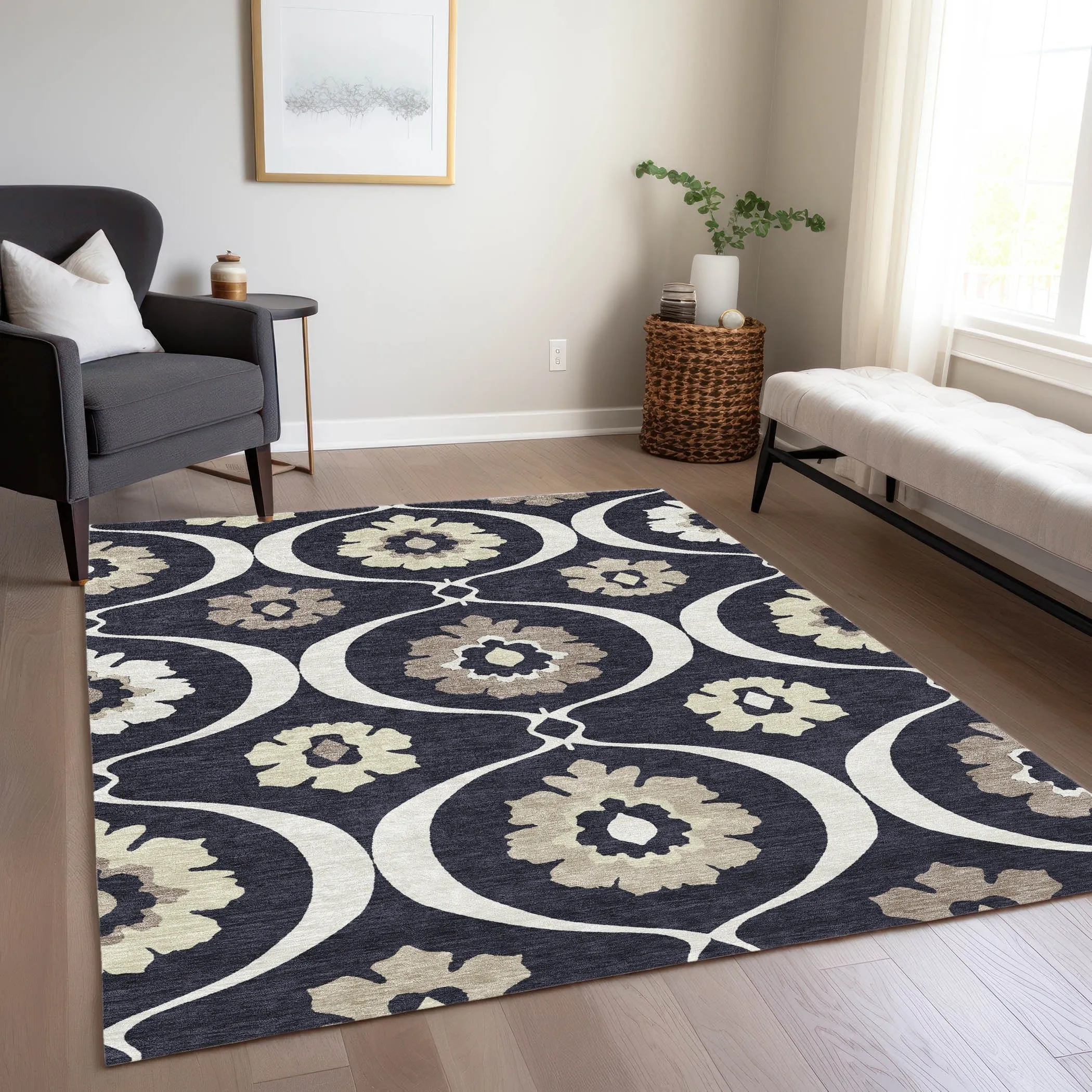 Machine Washable Indoor/ Outdoor Chantille Floral Geo Rug