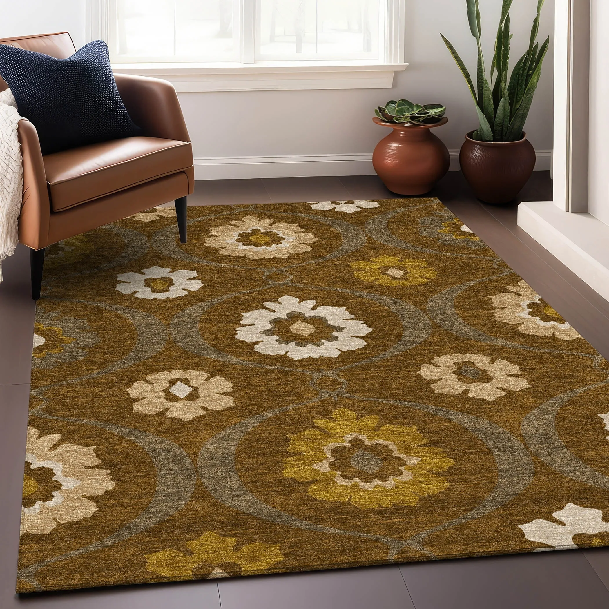 Machine Washable Indoor/ Outdoor Chantille Floral Geo Rug