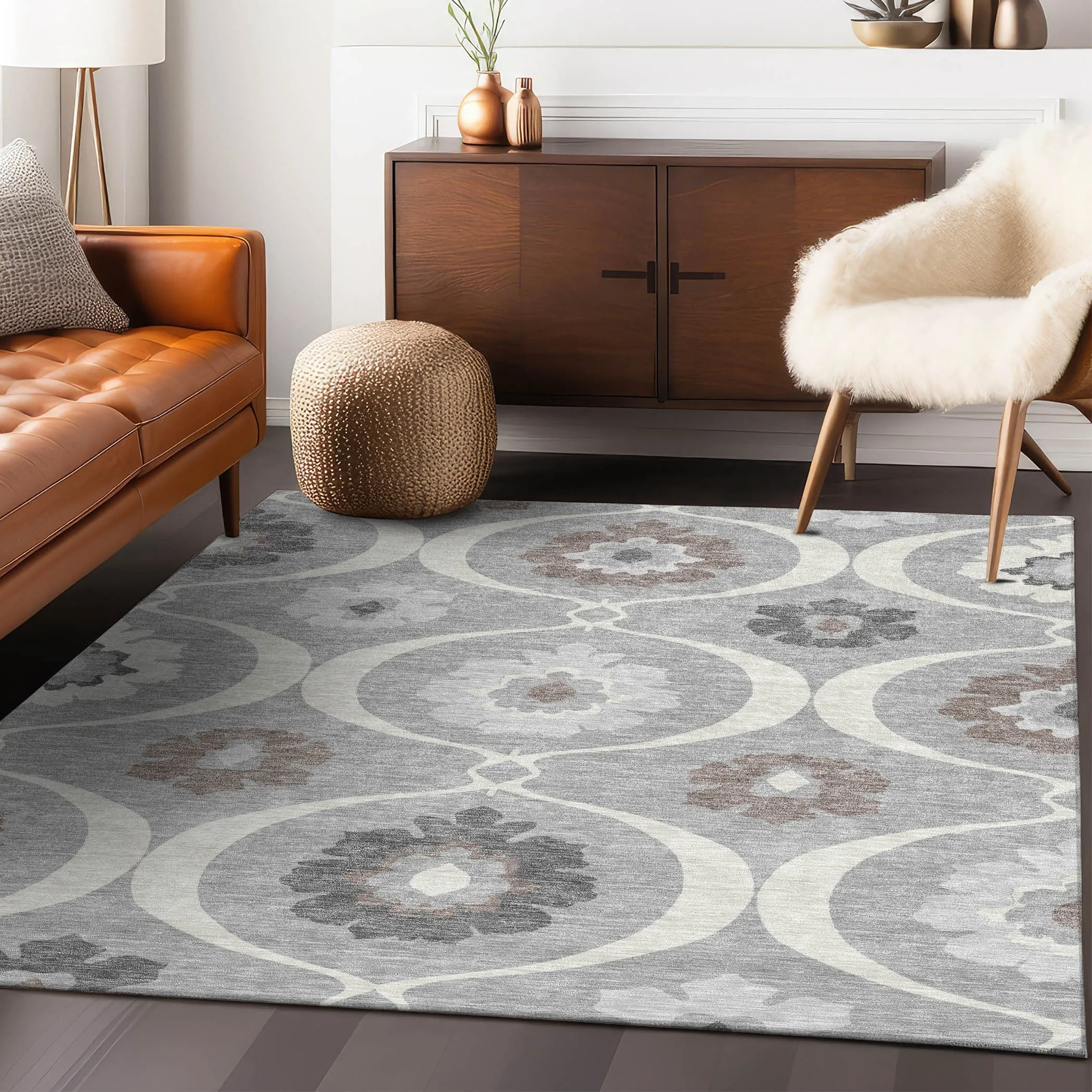 Machine Washable Indoor/ Outdoor Chantille Floral Geo Rug