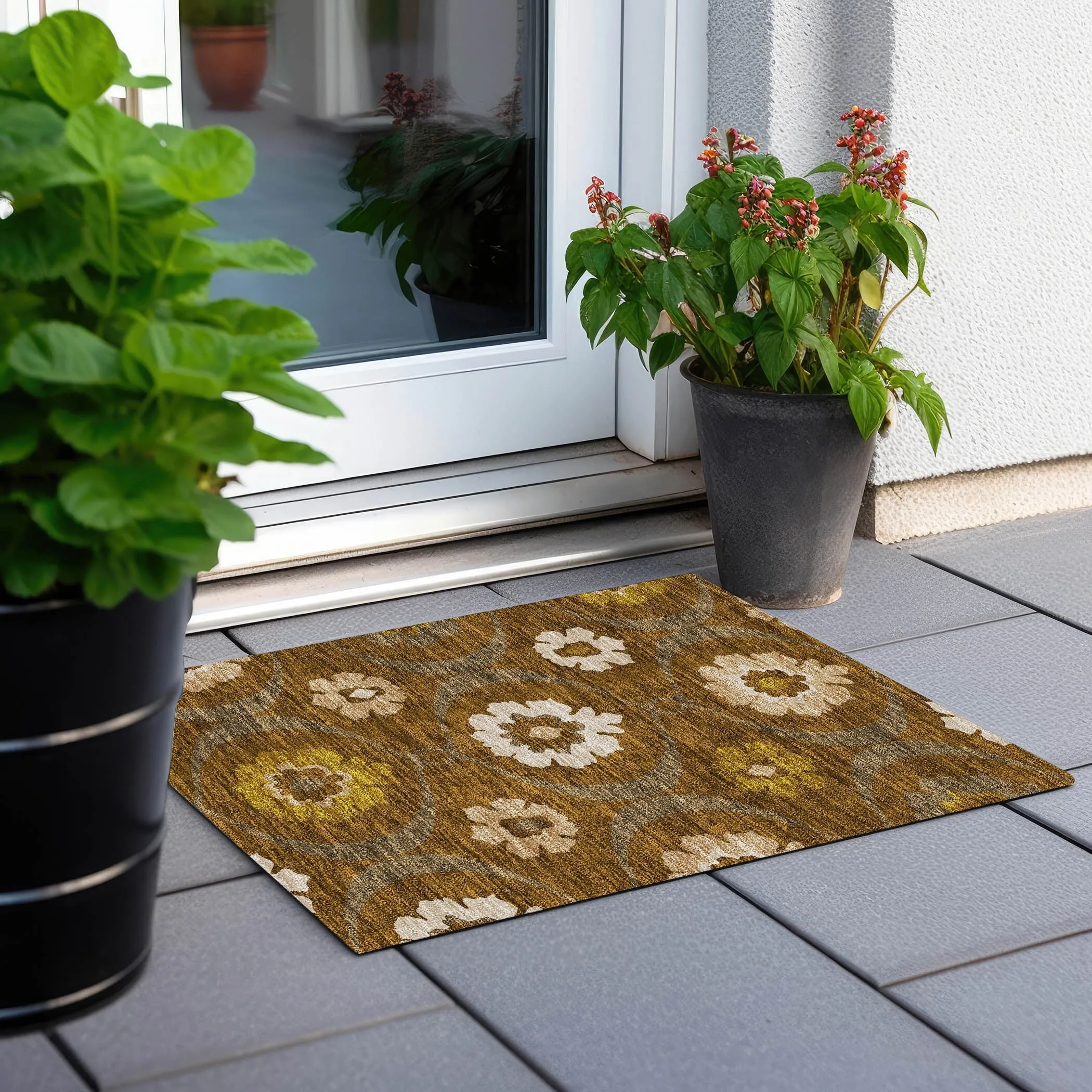 Machine Washable Indoor/ Outdoor Chantille Floral Geo Rug
