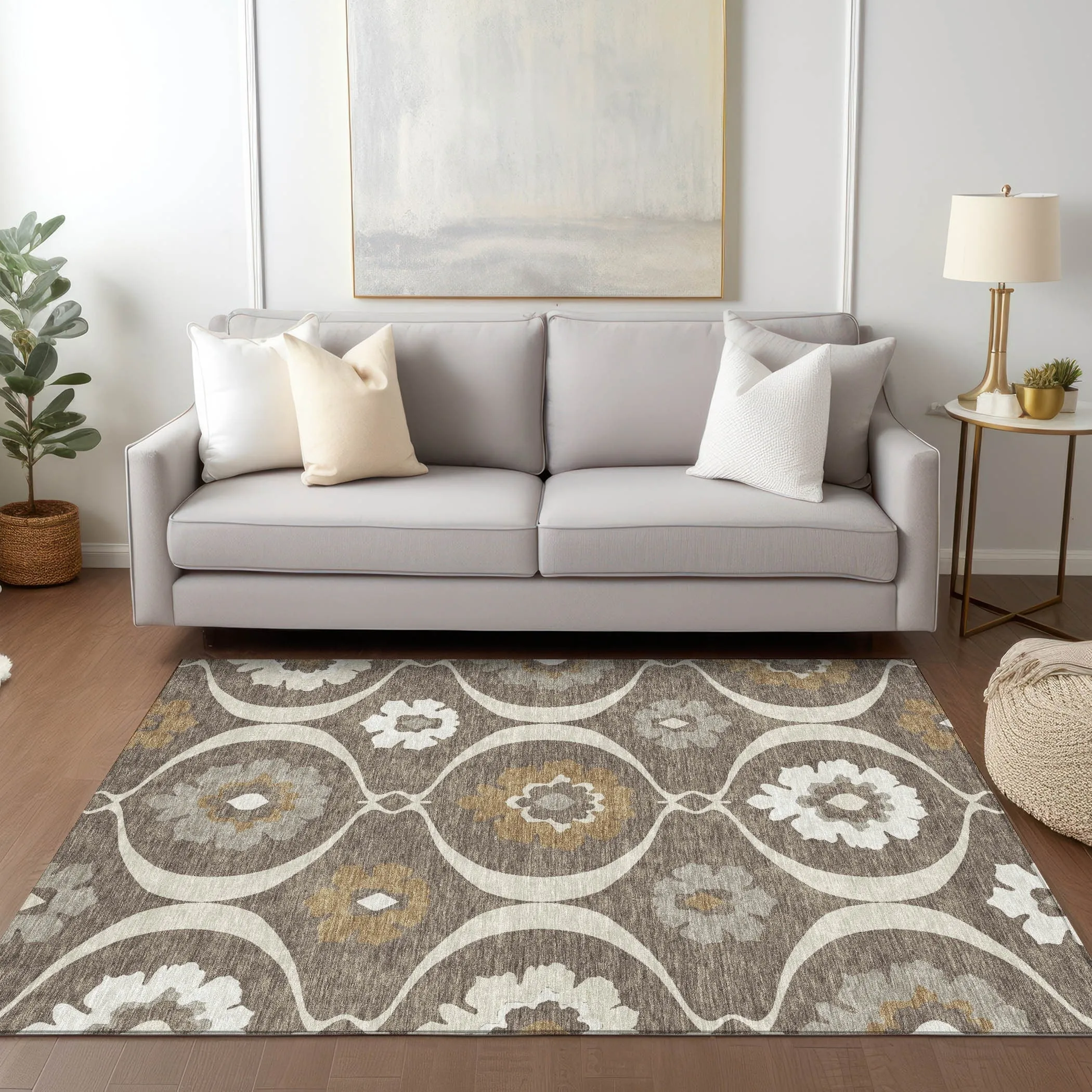 Machine Washable Indoor/ Outdoor Chantille Floral Geo Rug