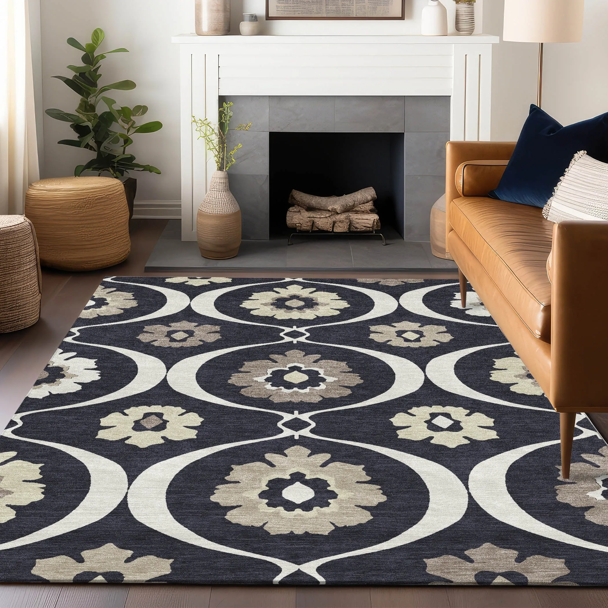 Machine Washable Indoor/ Outdoor Chantille Floral Geo Rug
