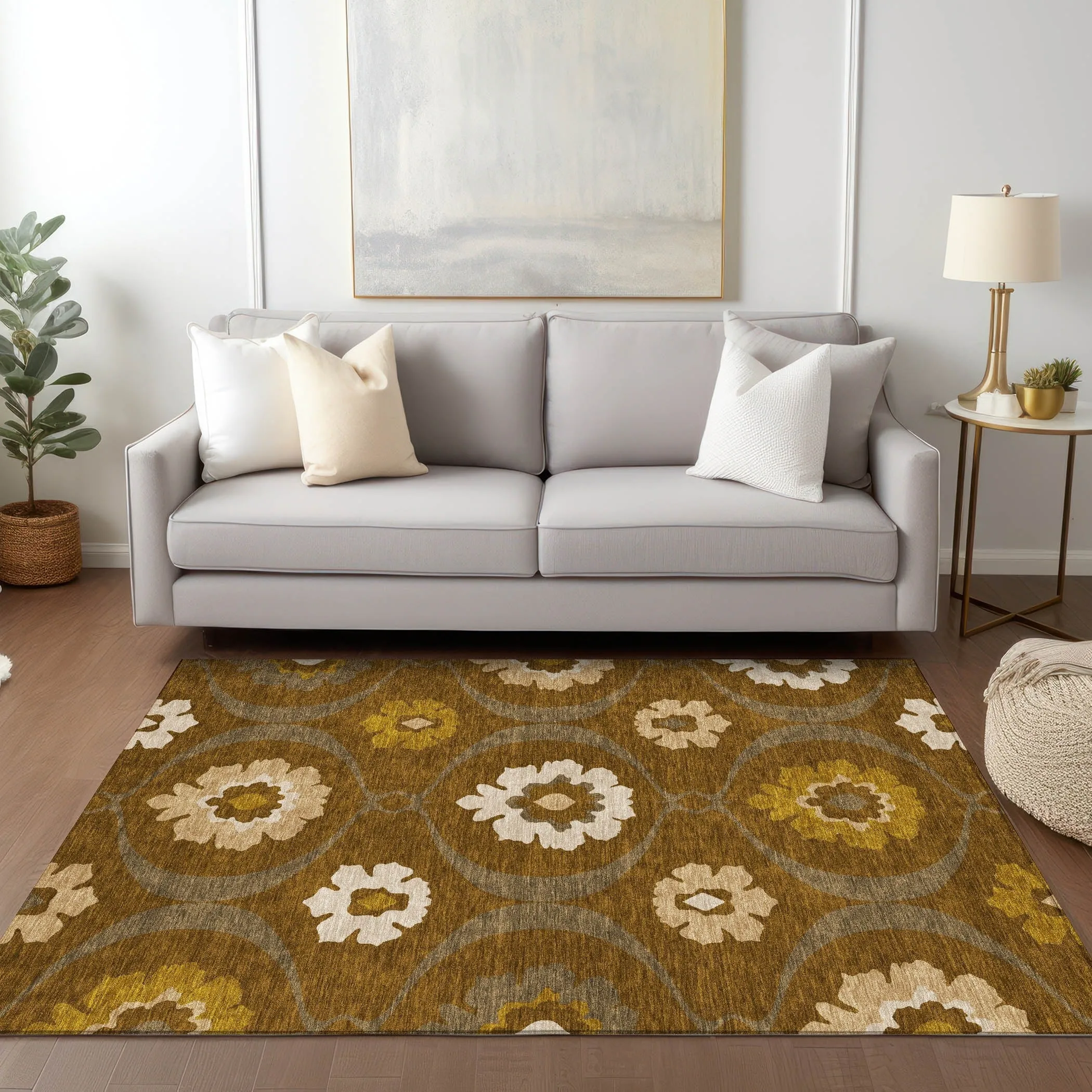 Machine Washable Indoor/ Outdoor Chantille Floral Geo Rug