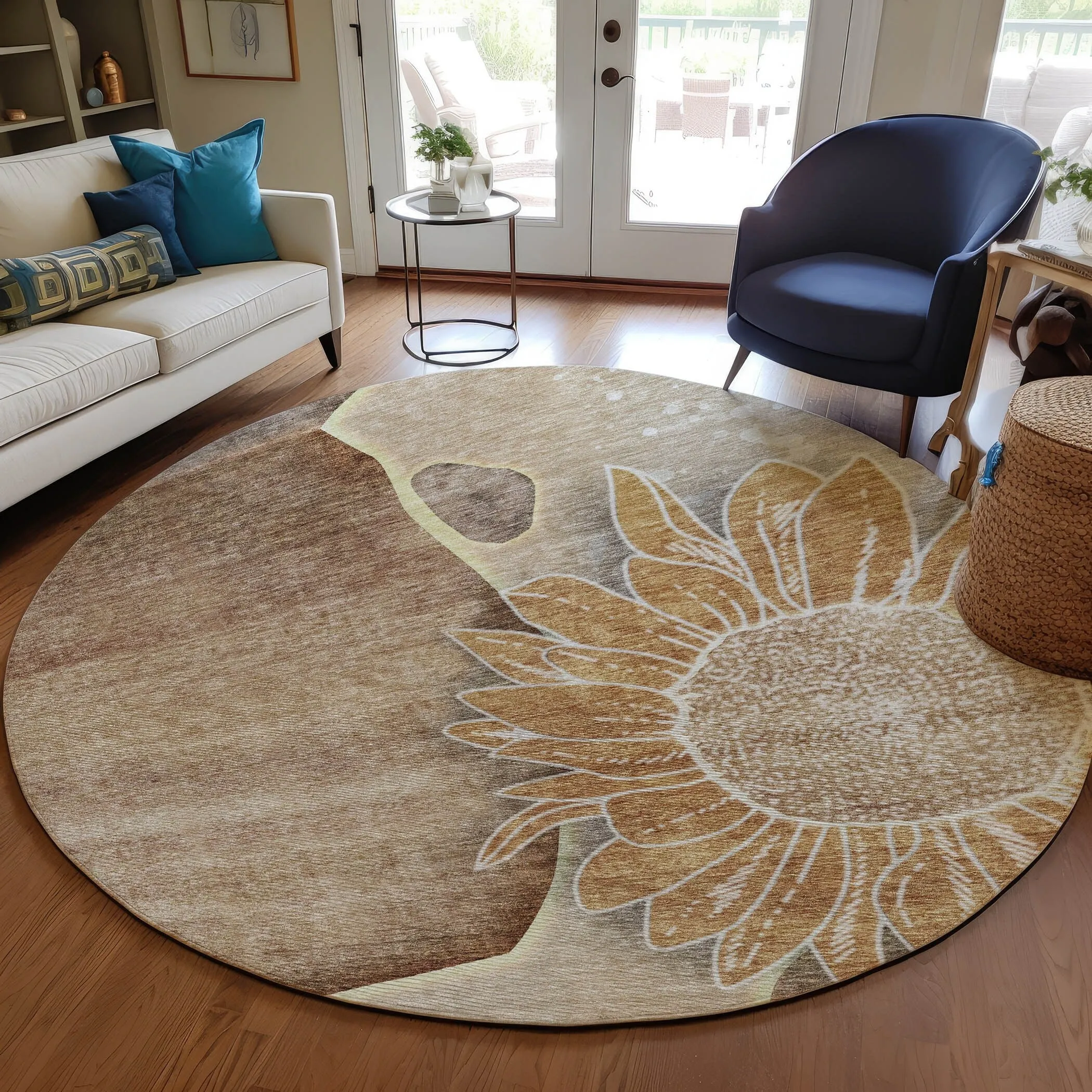 Machine Washable Indoor/ Outdoor Chantille Modern Sunflower Rug
