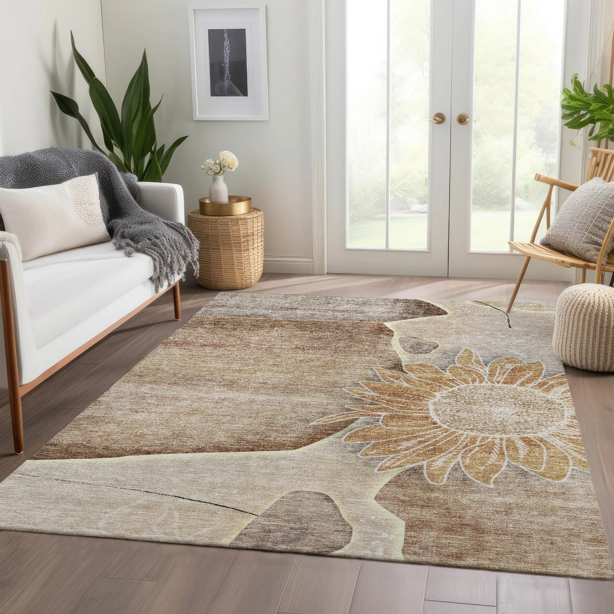 Machine Washable Indoor/ Outdoor Chantille Modern Sunflower Rug