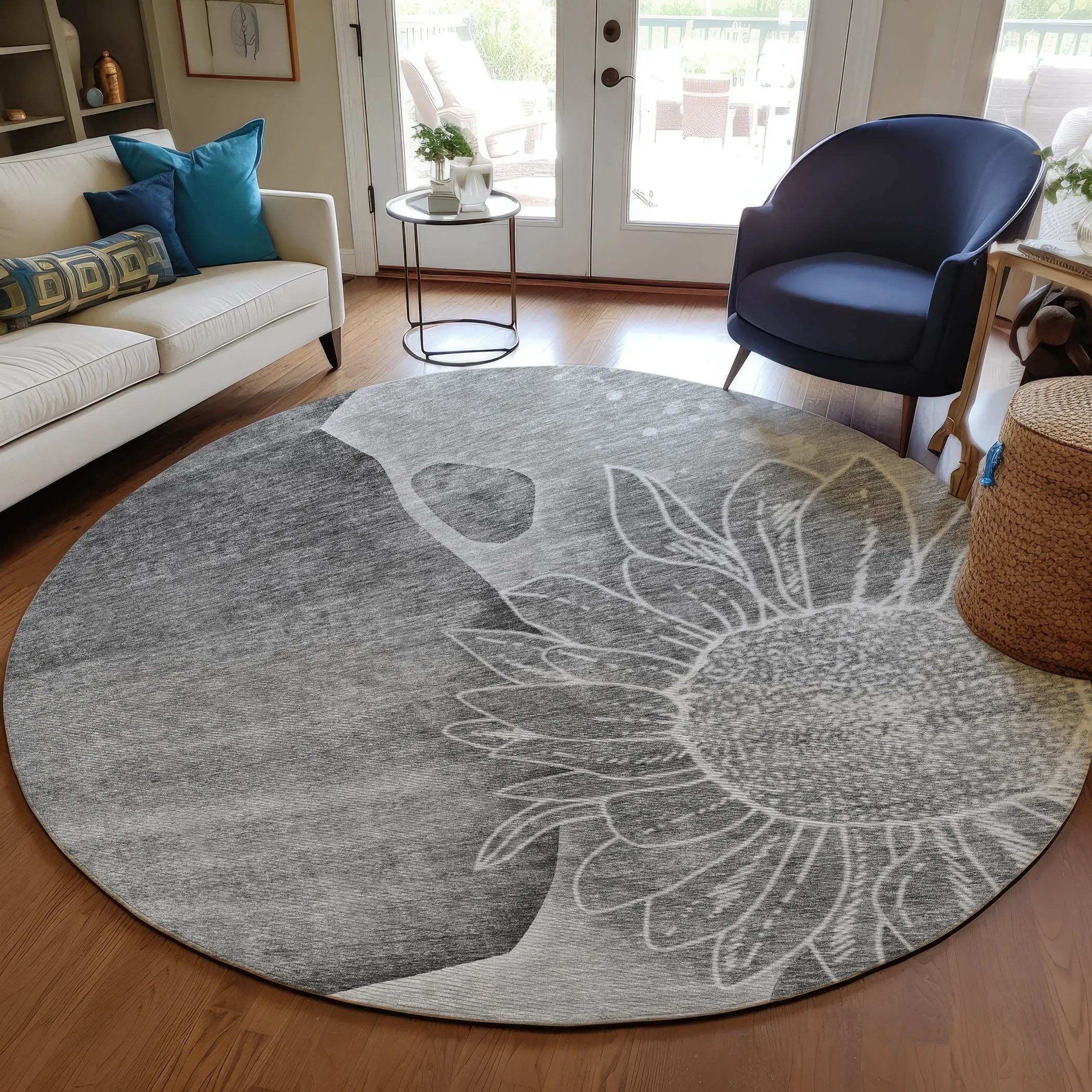 Machine Washable Indoor/ Outdoor Chantille Modern Sunflower Rug