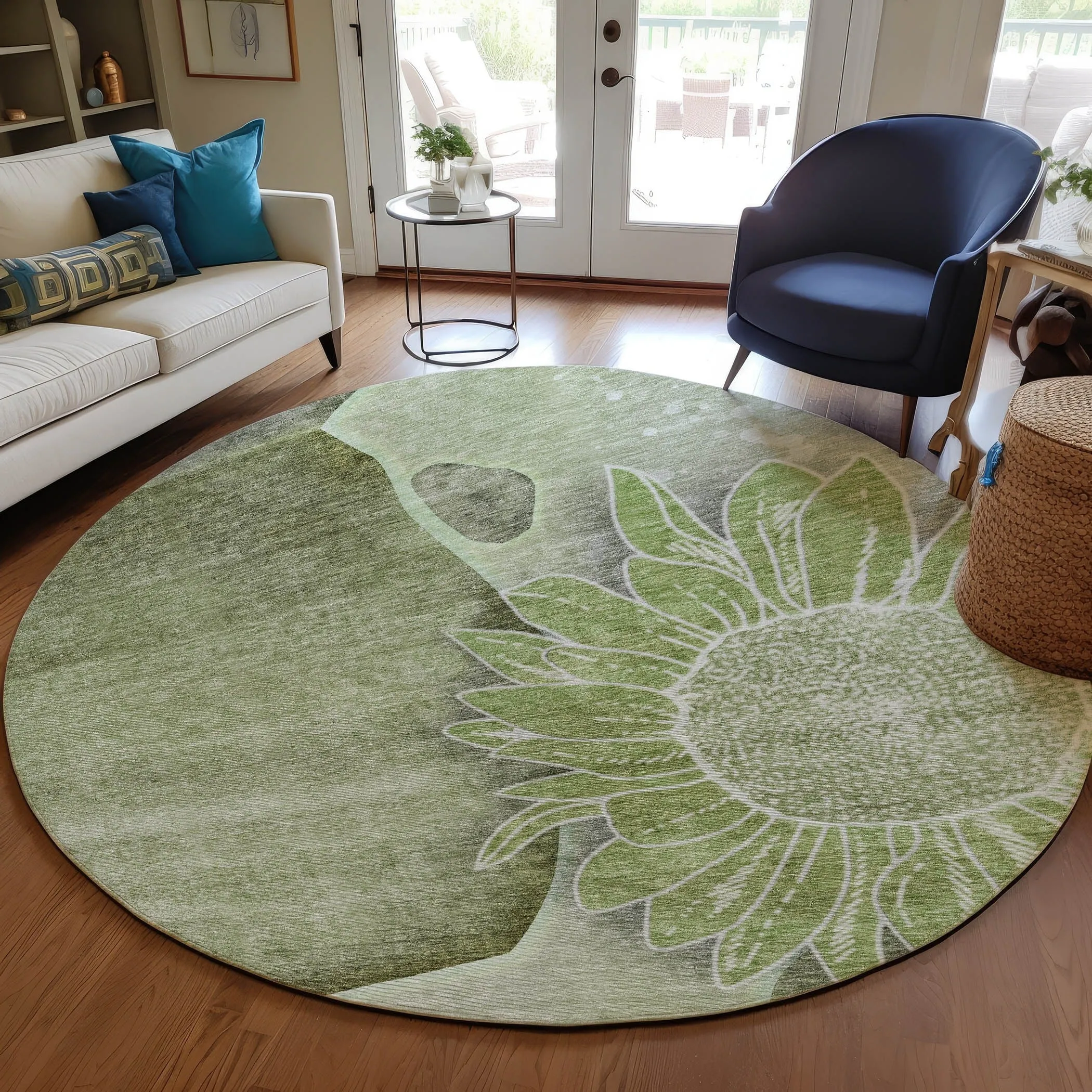 Machine Washable Indoor/ Outdoor Chantille Modern Sunflower Rug