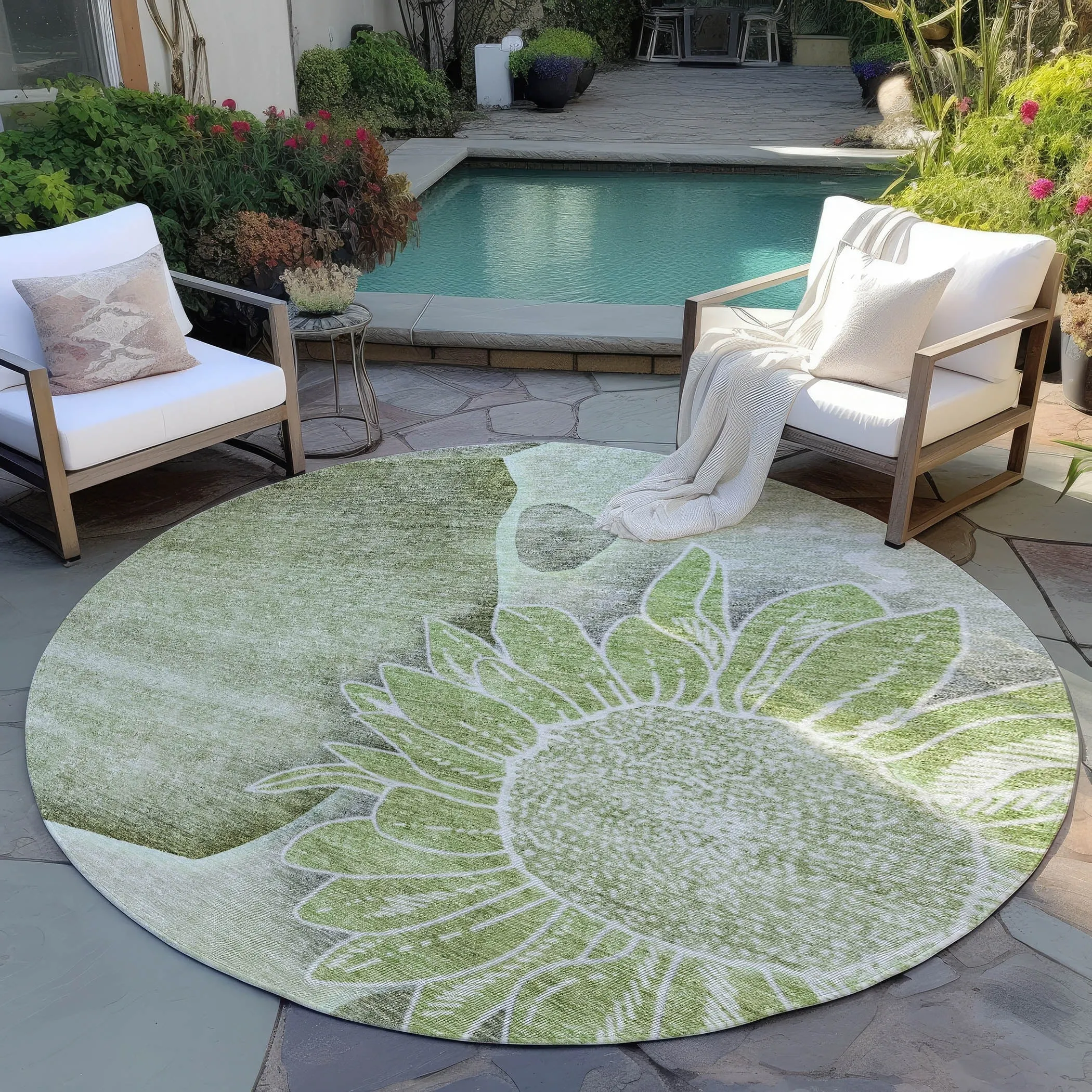 Machine Washable Indoor/ Outdoor Chantille Modern Sunflower Rug