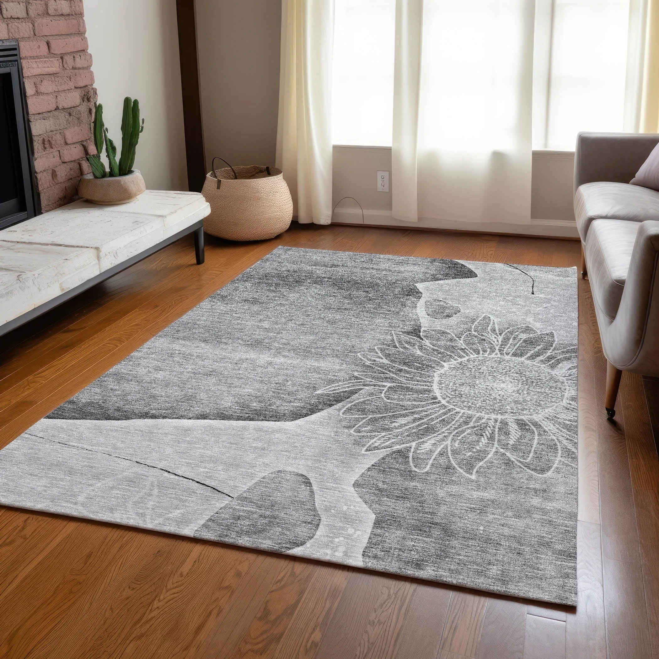 Machine Washable Indoor/ Outdoor Chantille Modern Sunflower Rug