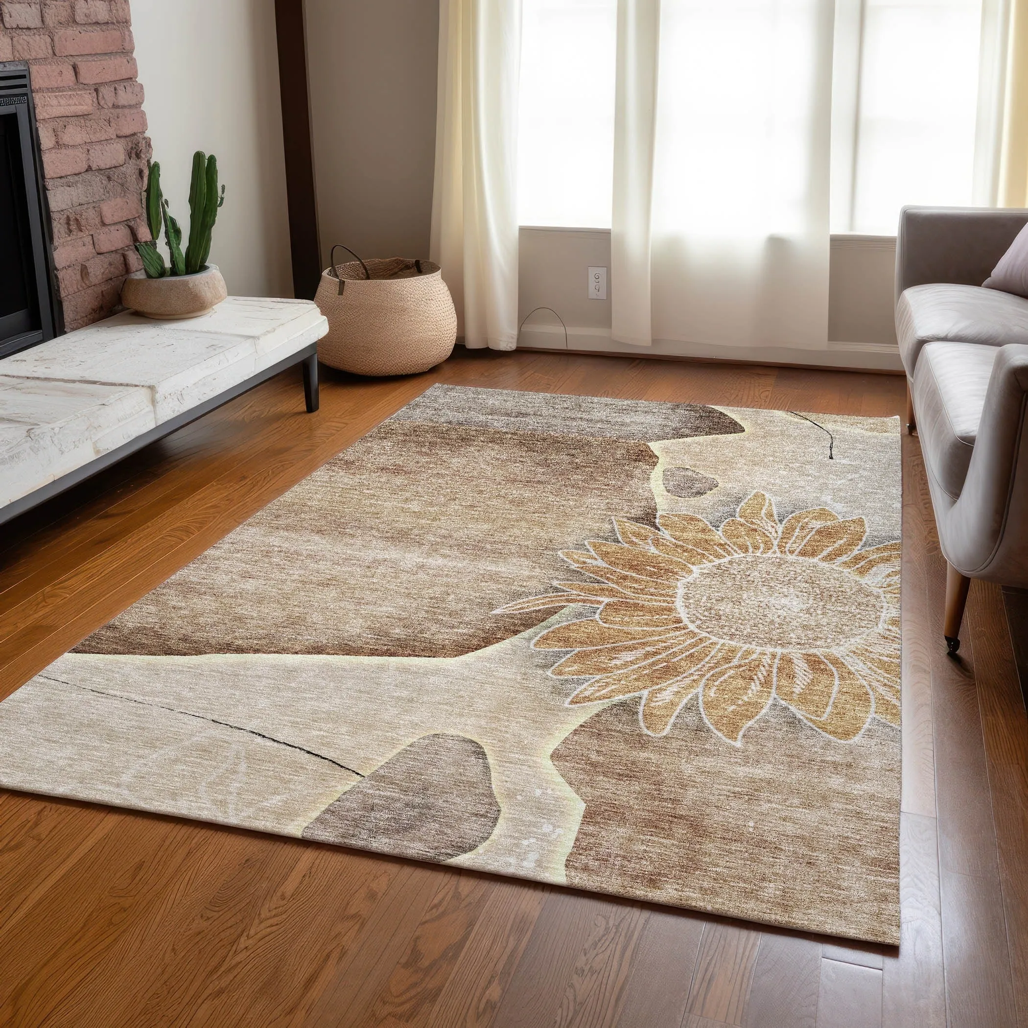 Machine Washable Indoor/ Outdoor Chantille Modern Sunflower Rug
