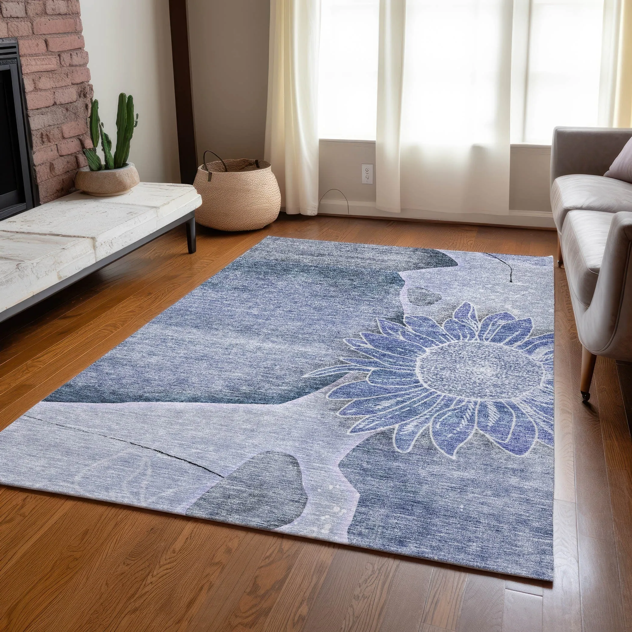 Machine Washable Indoor/ Outdoor Chantille Modern Sunflower Rug