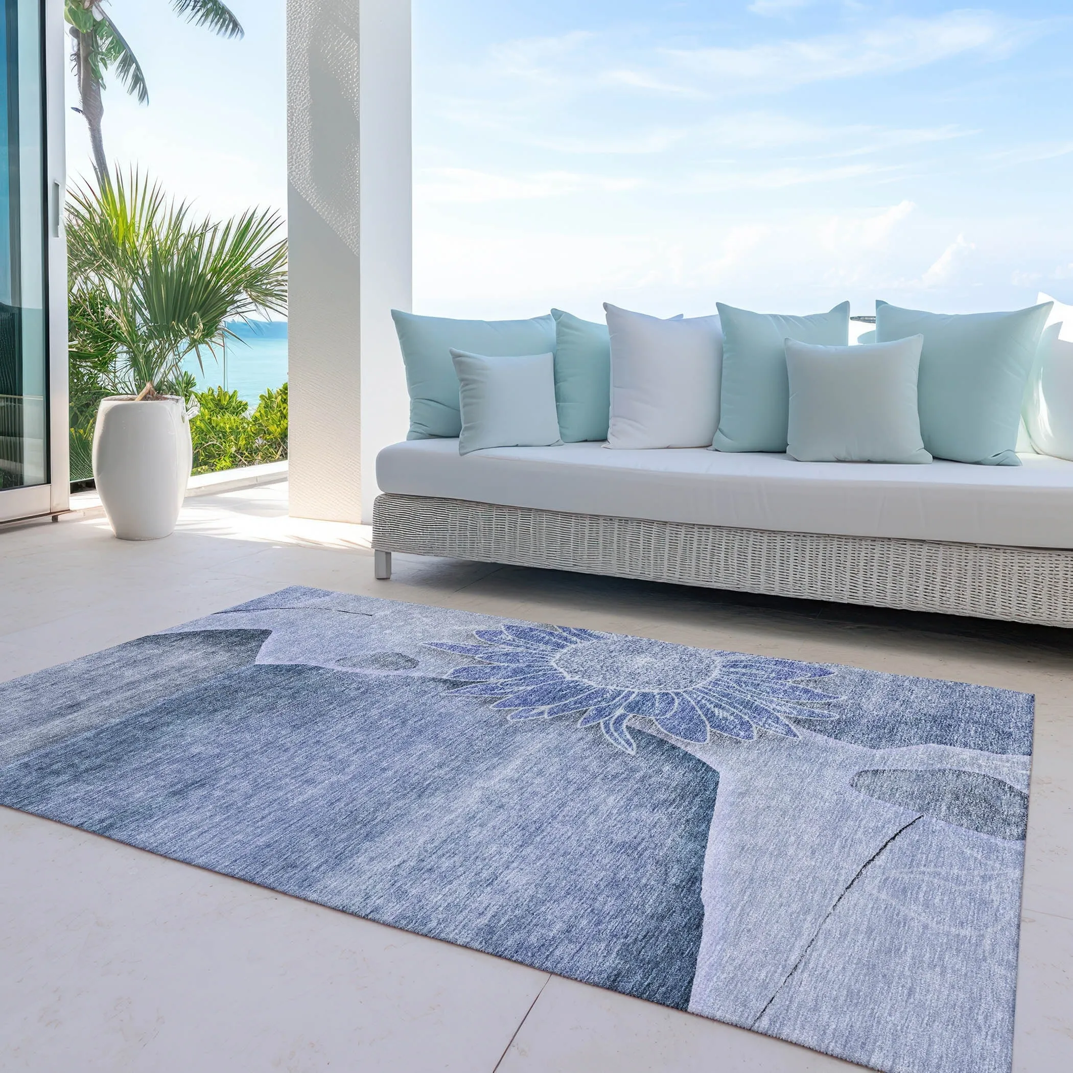 Machine Washable Indoor/ Outdoor Chantille Modern Sunflower Rug