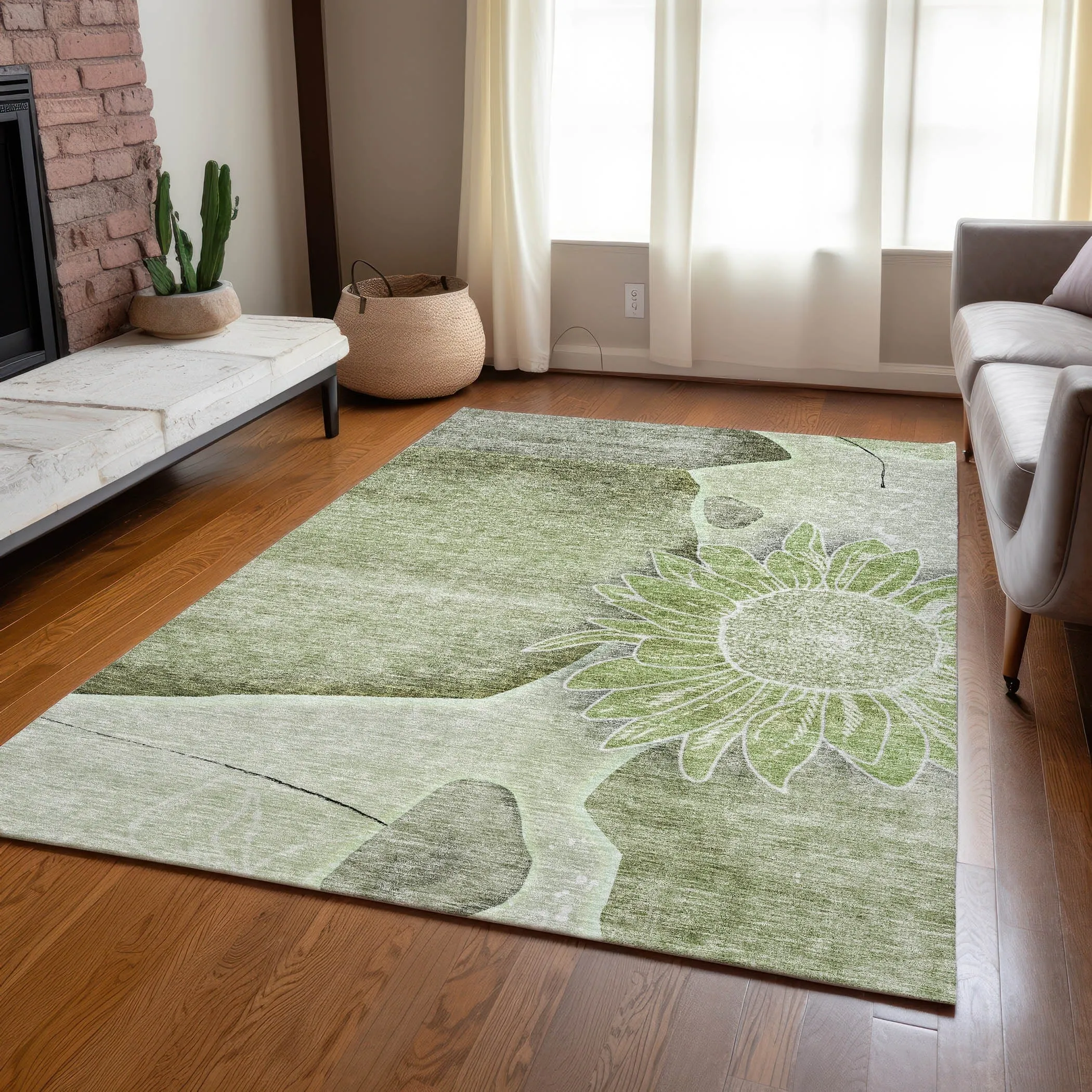 Machine Washable Indoor/ Outdoor Chantille Modern Sunflower Rug