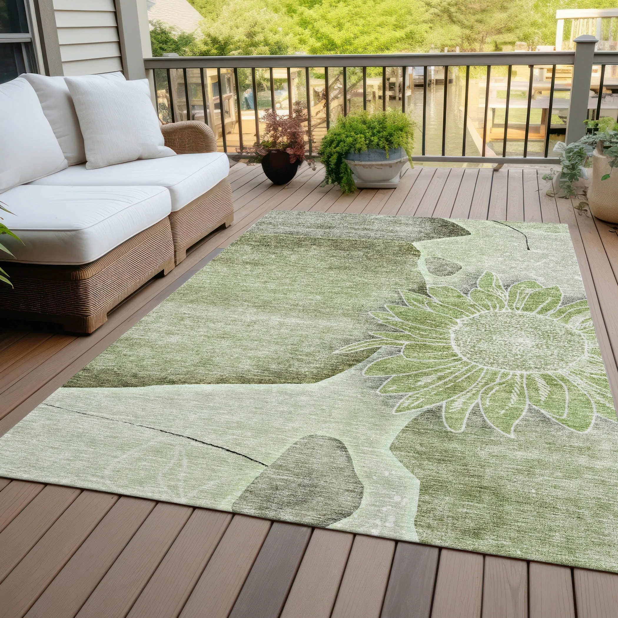 Machine Washable Indoor/ Outdoor Chantille Modern Sunflower Rug