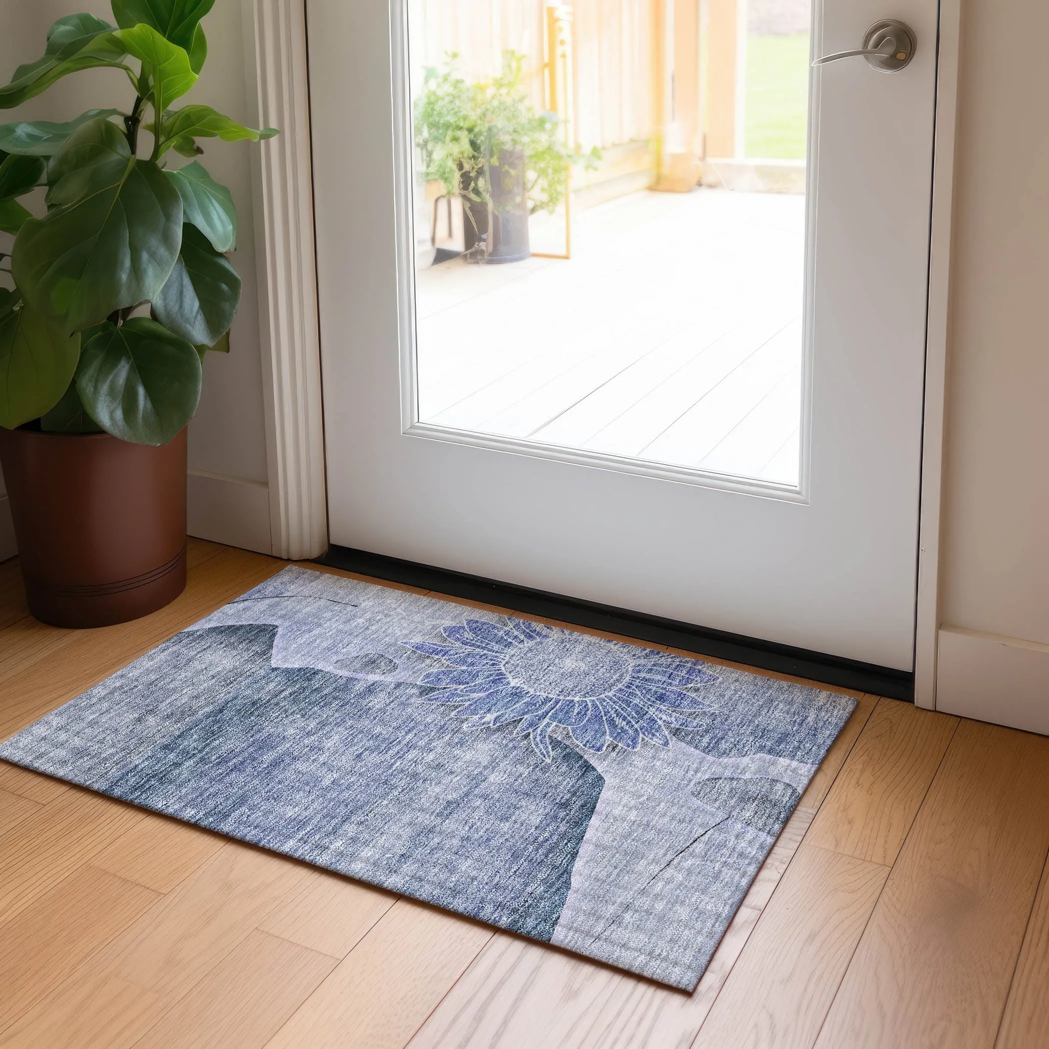 Machine Washable Indoor/ Outdoor Chantille Modern Sunflower Rug
