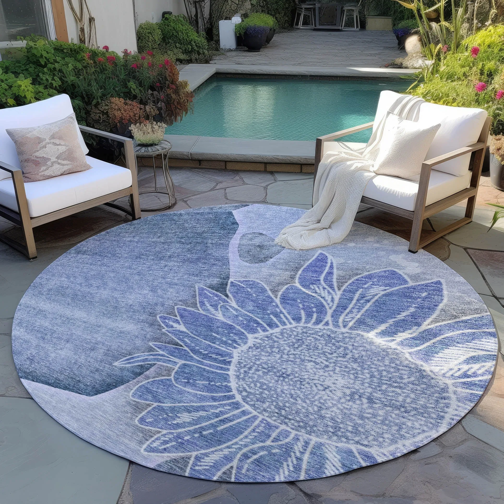 Machine Washable Indoor/ Outdoor Chantille Modern Sunflower Rug
