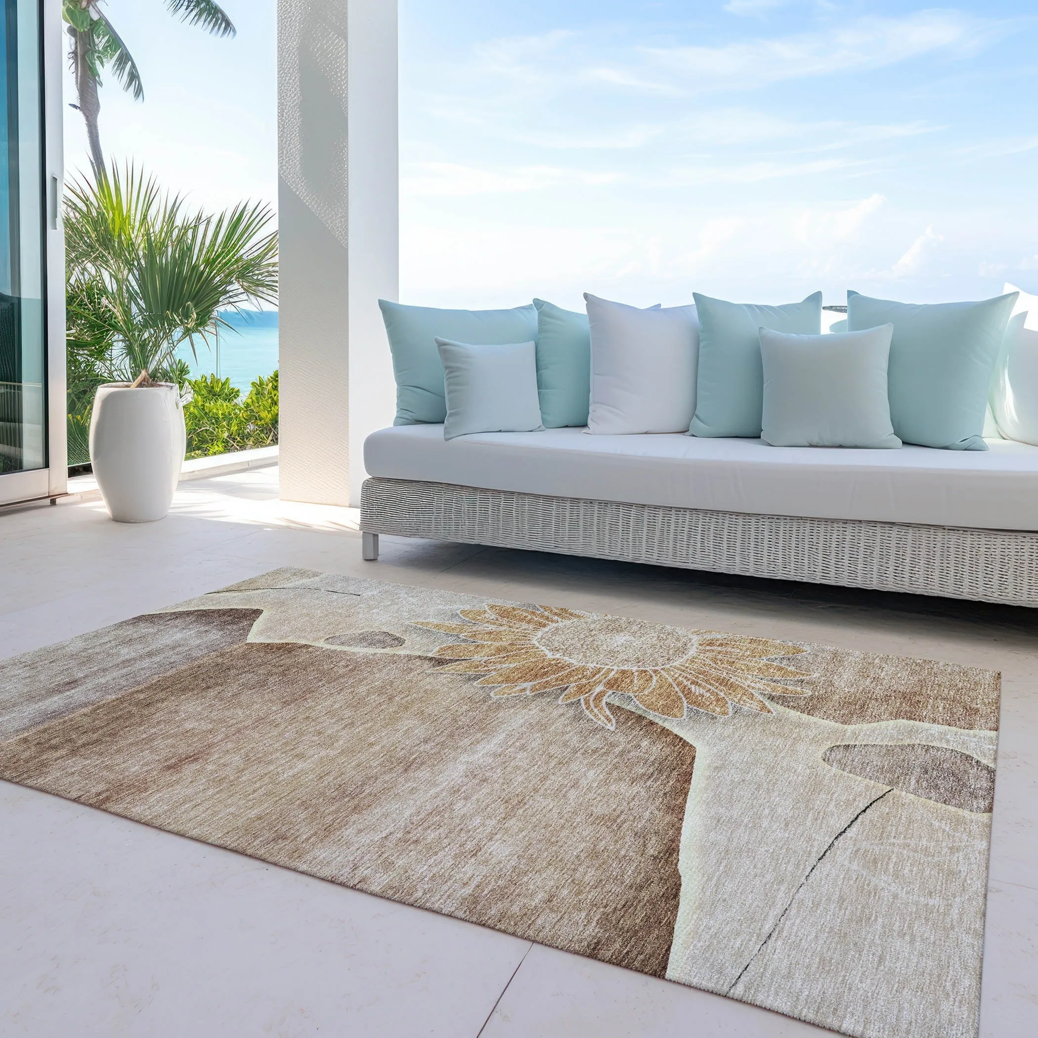 Machine Washable Indoor/ Outdoor Chantille Modern Sunflower Rug
