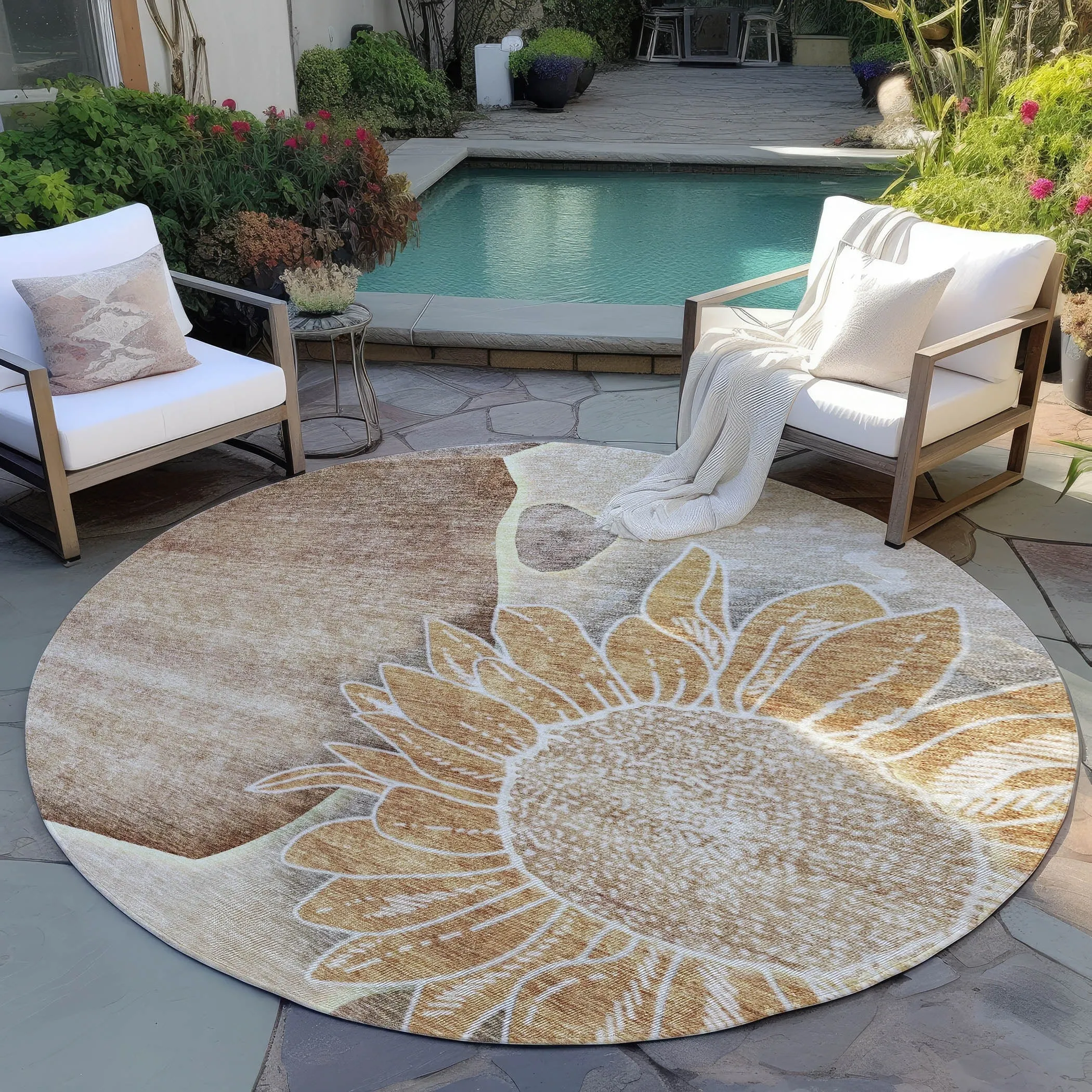 Machine Washable Indoor/ Outdoor Chantille Modern Sunflower Rug