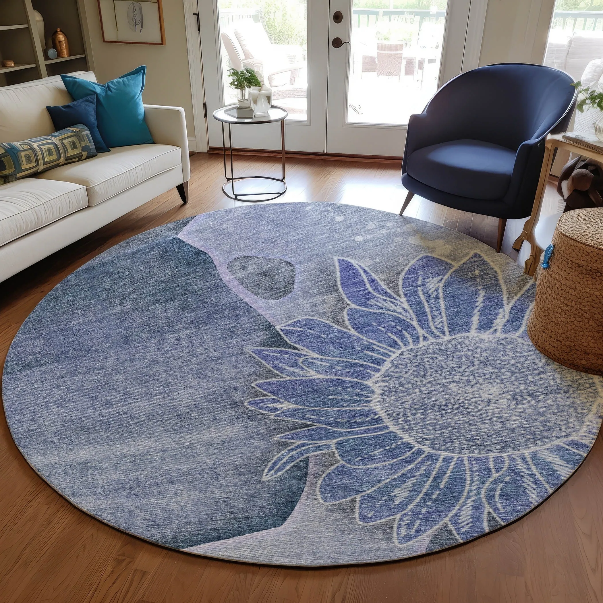 Machine Washable Indoor/ Outdoor Chantille Modern Sunflower Rug