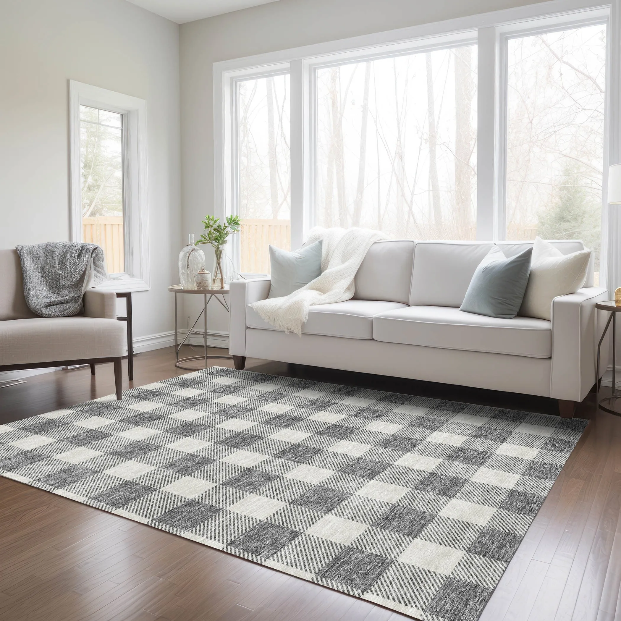 Machine Washable Indoor/ Outdoor Chantille Plaid Rug