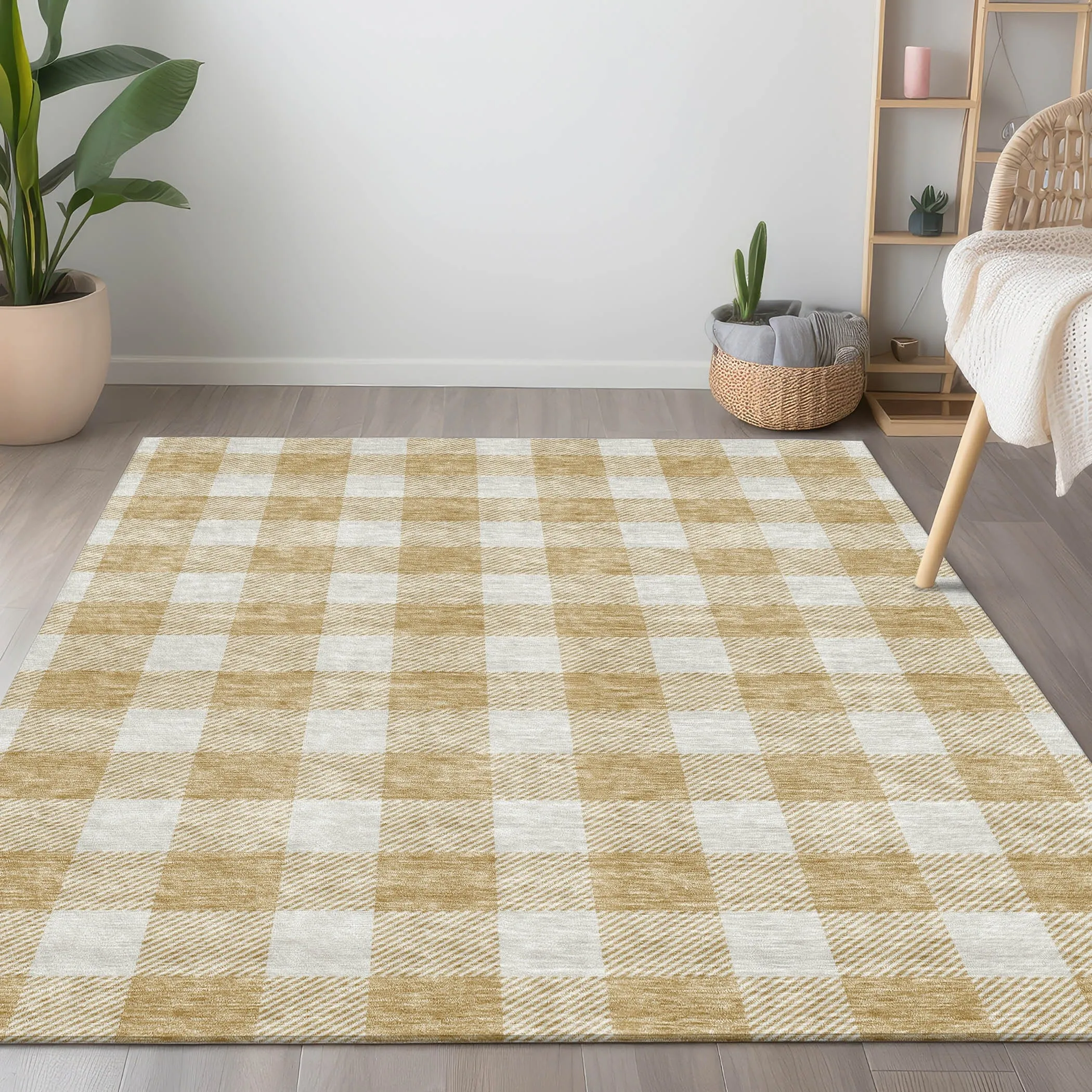 Machine Washable Indoor/ Outdoor Chantille Plaid Rug