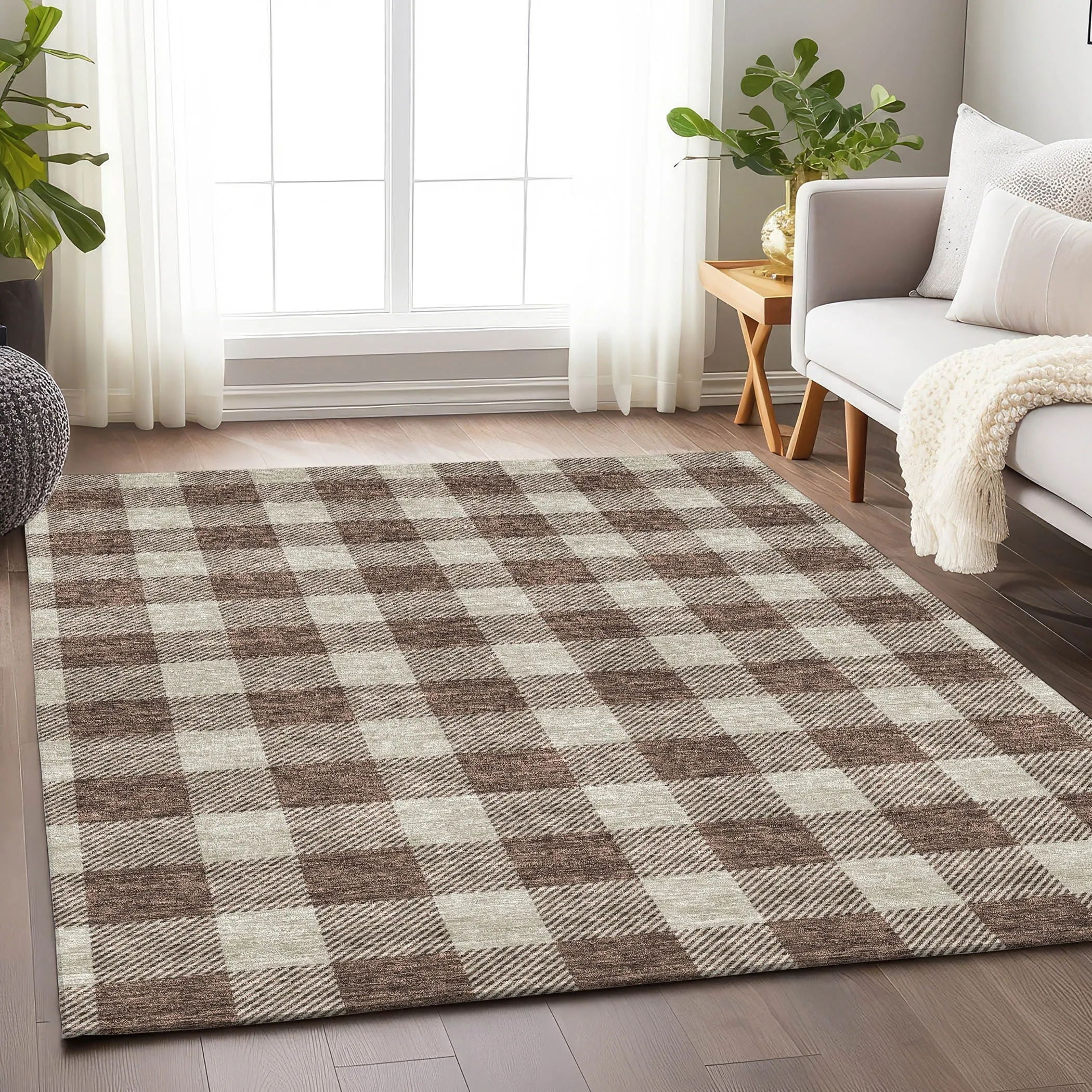 Machine Washable Indoor/ Outdoor Chantille Plaid Rug