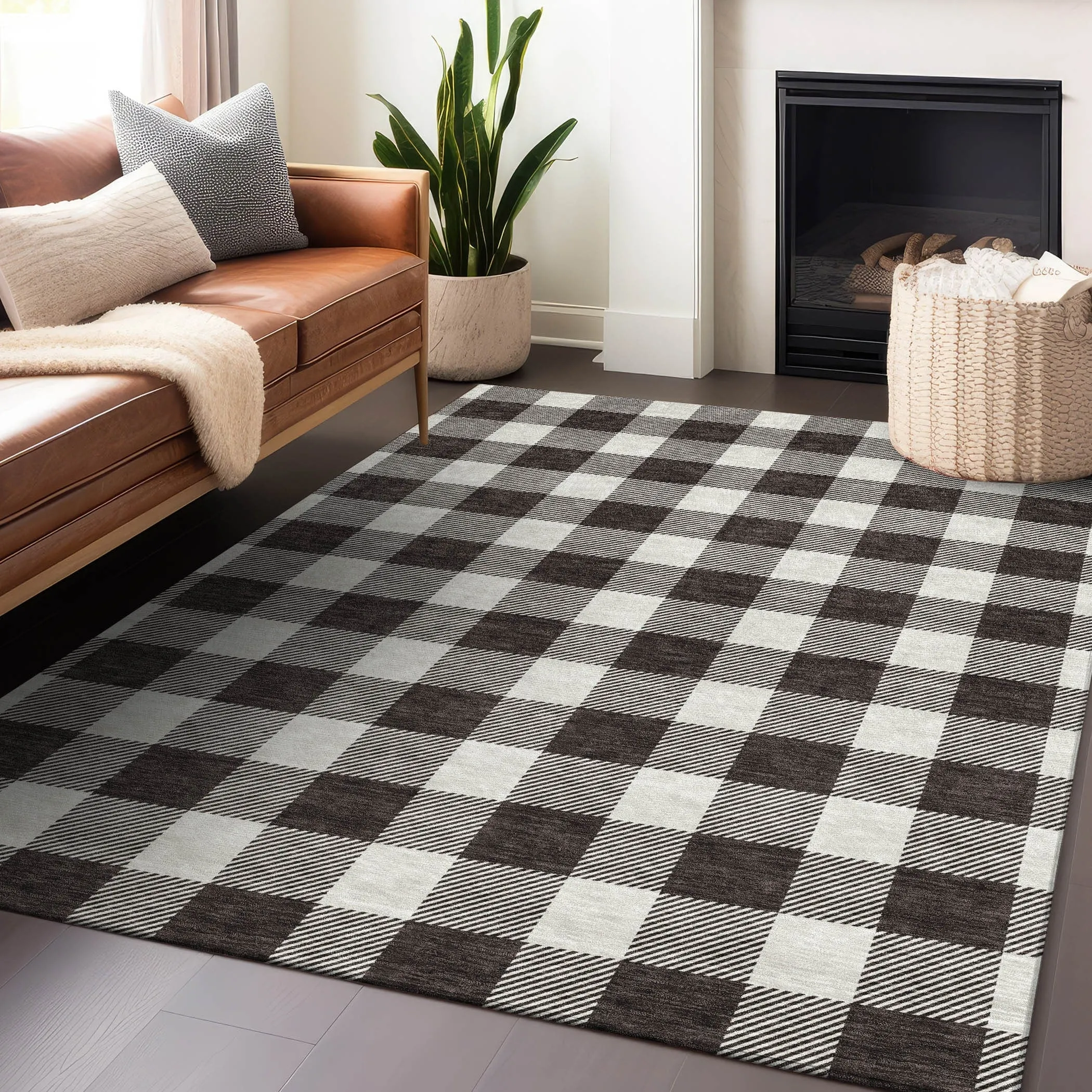 Machine Washable Indoor/ Outdoor Chantille Plaid Rug